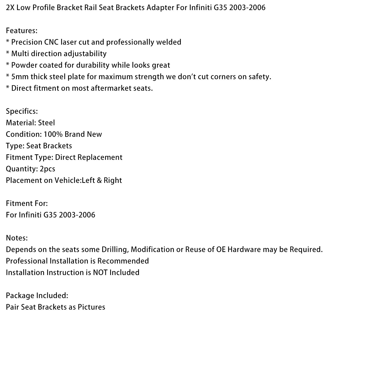 Adaptateur de supports de siège à profil bas (2X) pour rails de fixation Infiniti G35 (2003-2006).