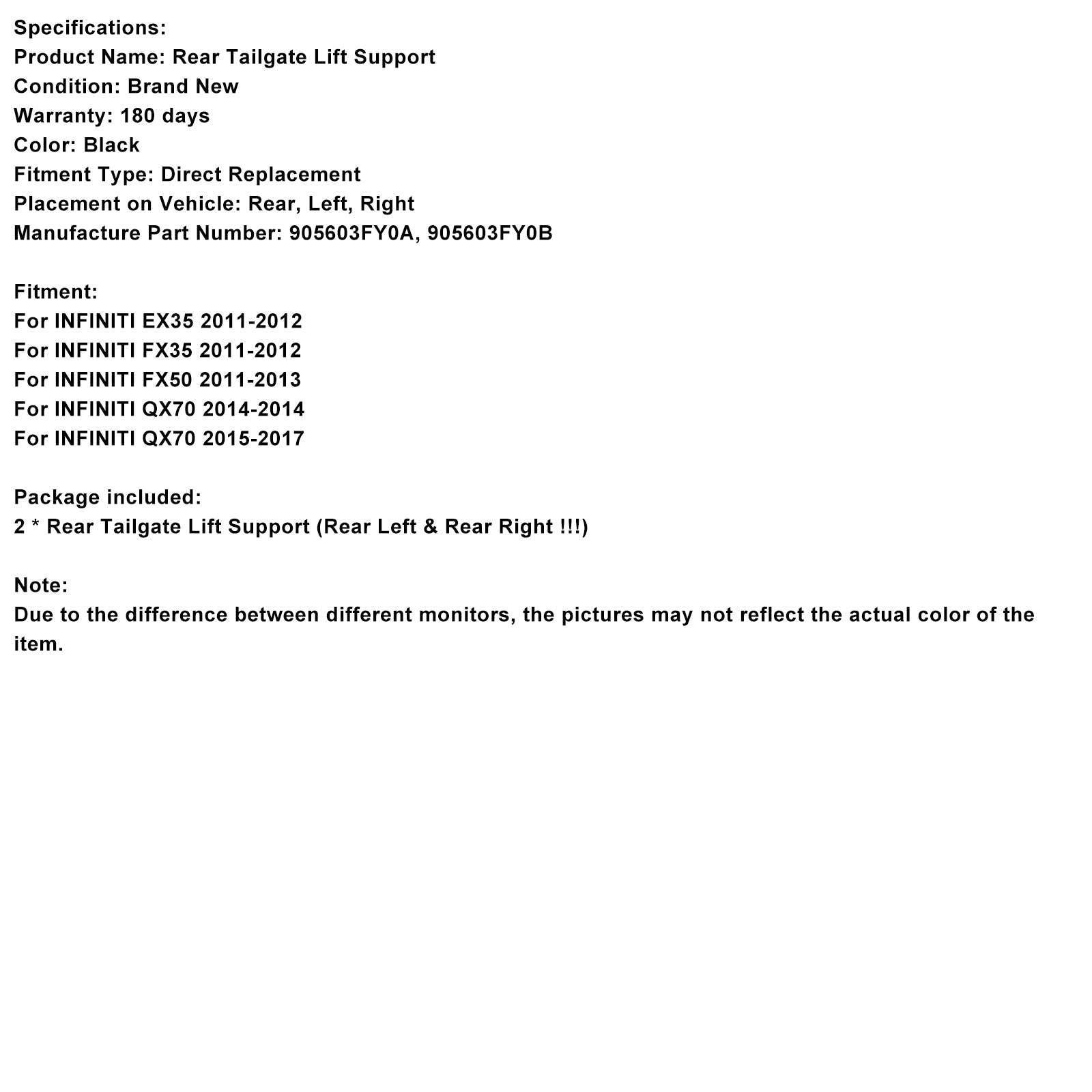 Vérin de hayon électrique arrière (2 pièces) pour INFINITI QX70 2014, références 905603FY0A et 905603FY0B
