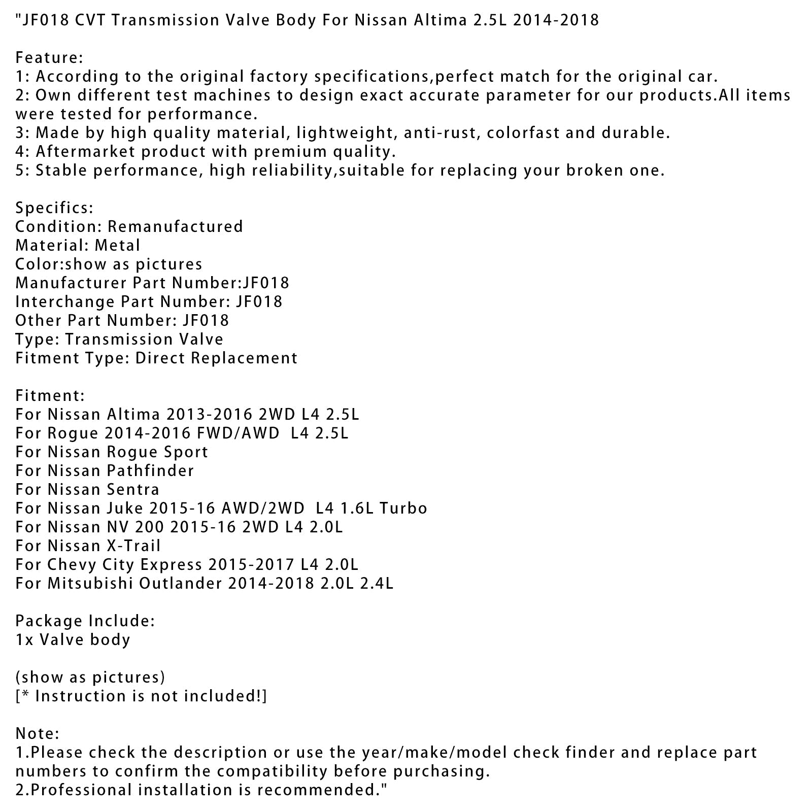 Corps de soupape de transmission Chevy City Express L4 2.0L 2015-2017