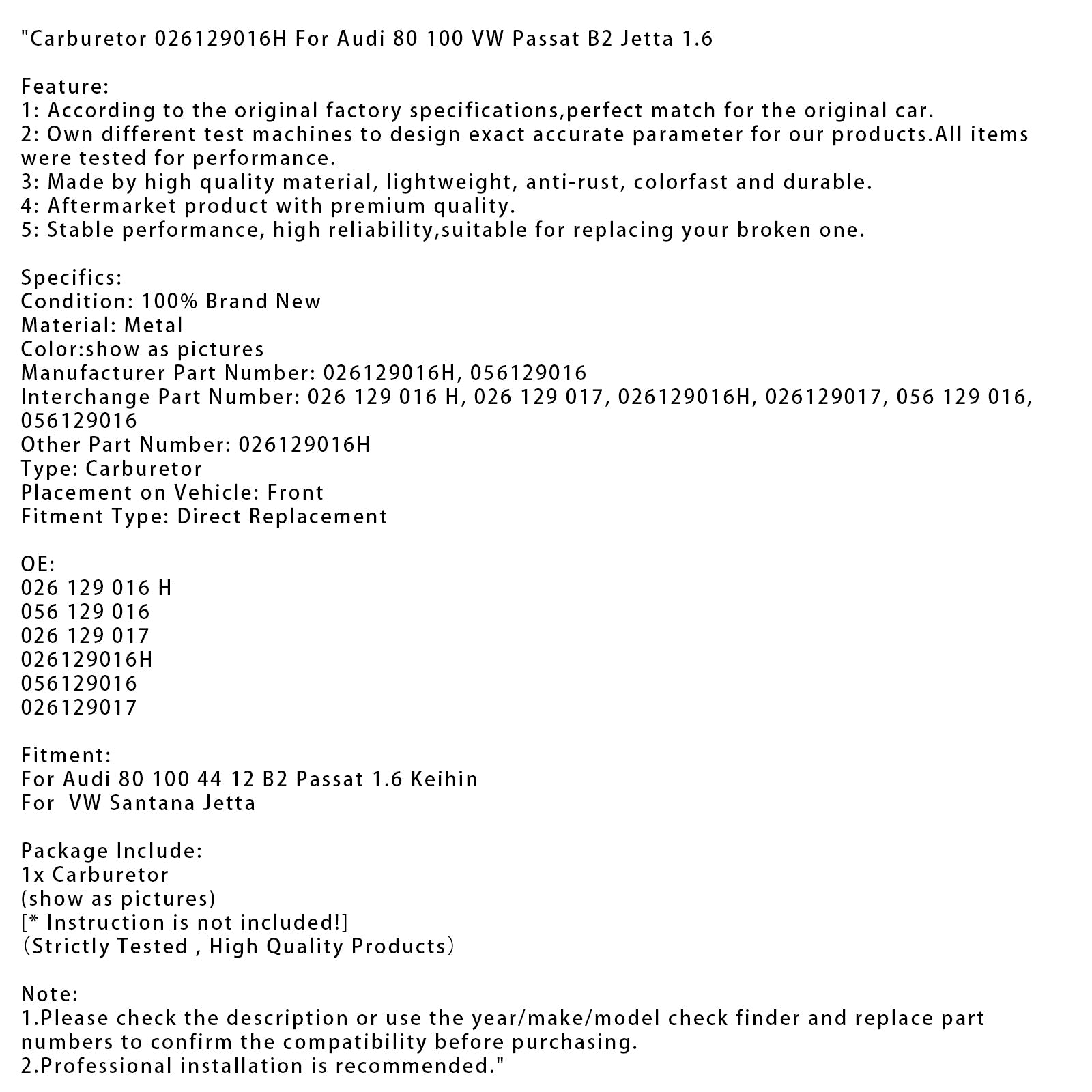 Carburateur 026129016H pour Audi 80 100 VW Passat B2 Jetta 1.6