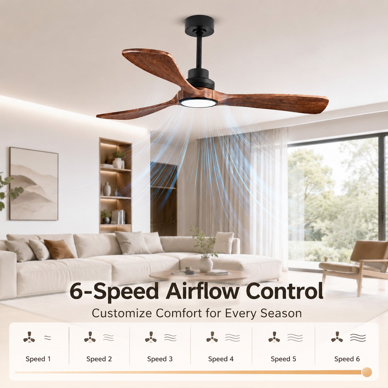 Ventilateur de Plafond Intelligent 52" avec Éclairage – Télécommande/App, Ultra Silencieux, Pales en Bois Massif