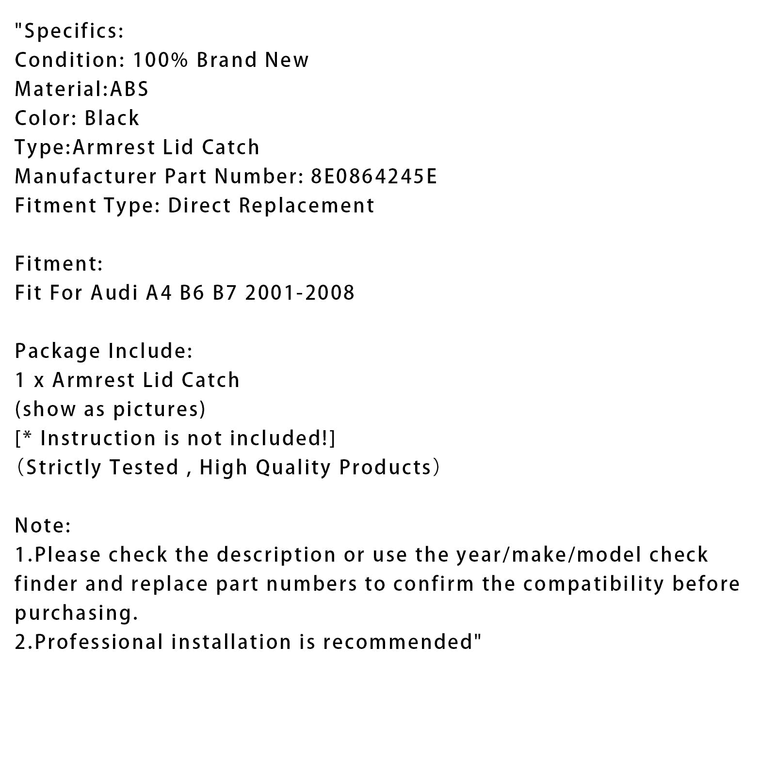 Loquet de couvercle d'accoudoir central de console noir pour Audi A4 B6 B7 2001-2008 8E0864245E