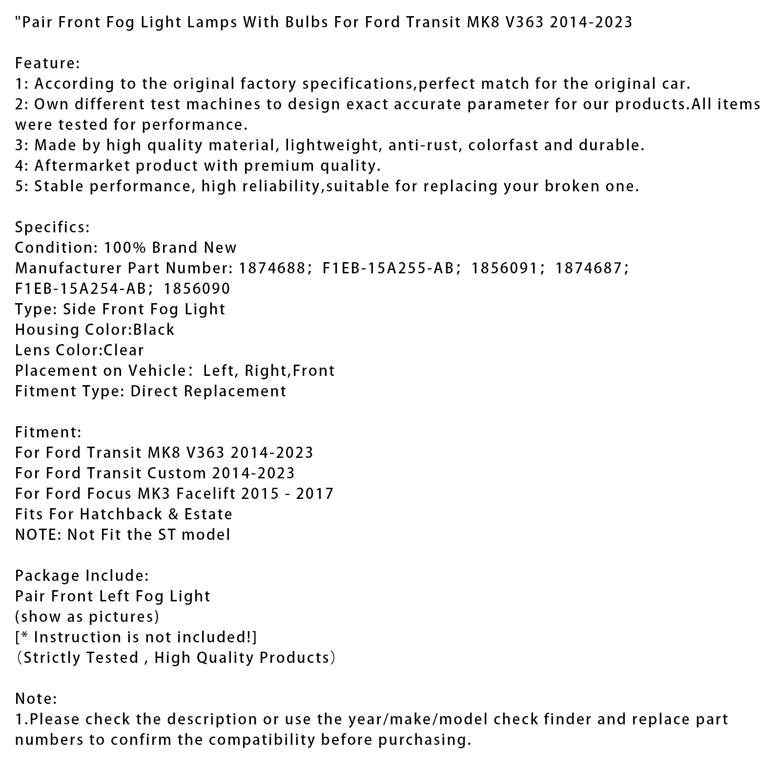 Par sprednjih meglenkov z žarnicami za Ford Transit Custom 2014-2023