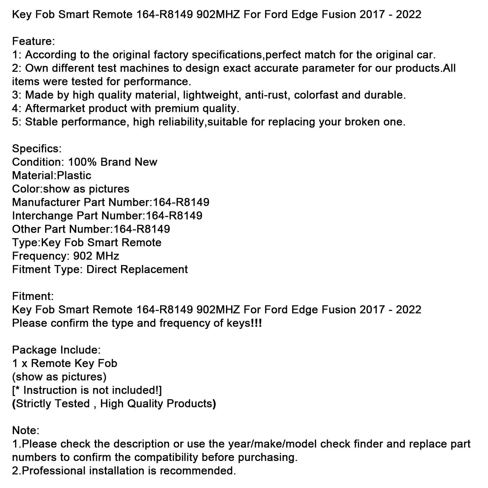 Control remoto inteligente para Ford Edge y Fusion (2017-2022) - Número de pieza : 164-R8149 - Frecuencia 902 megahercio