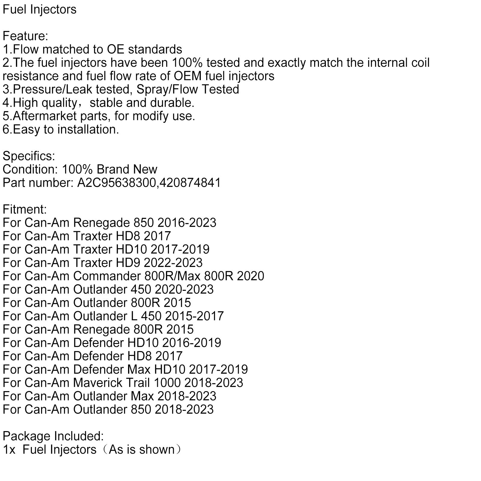 Wtryskiwacze paliw A2C95638300 Kompatybilne z Can-A Outlander 450 Renegade 850