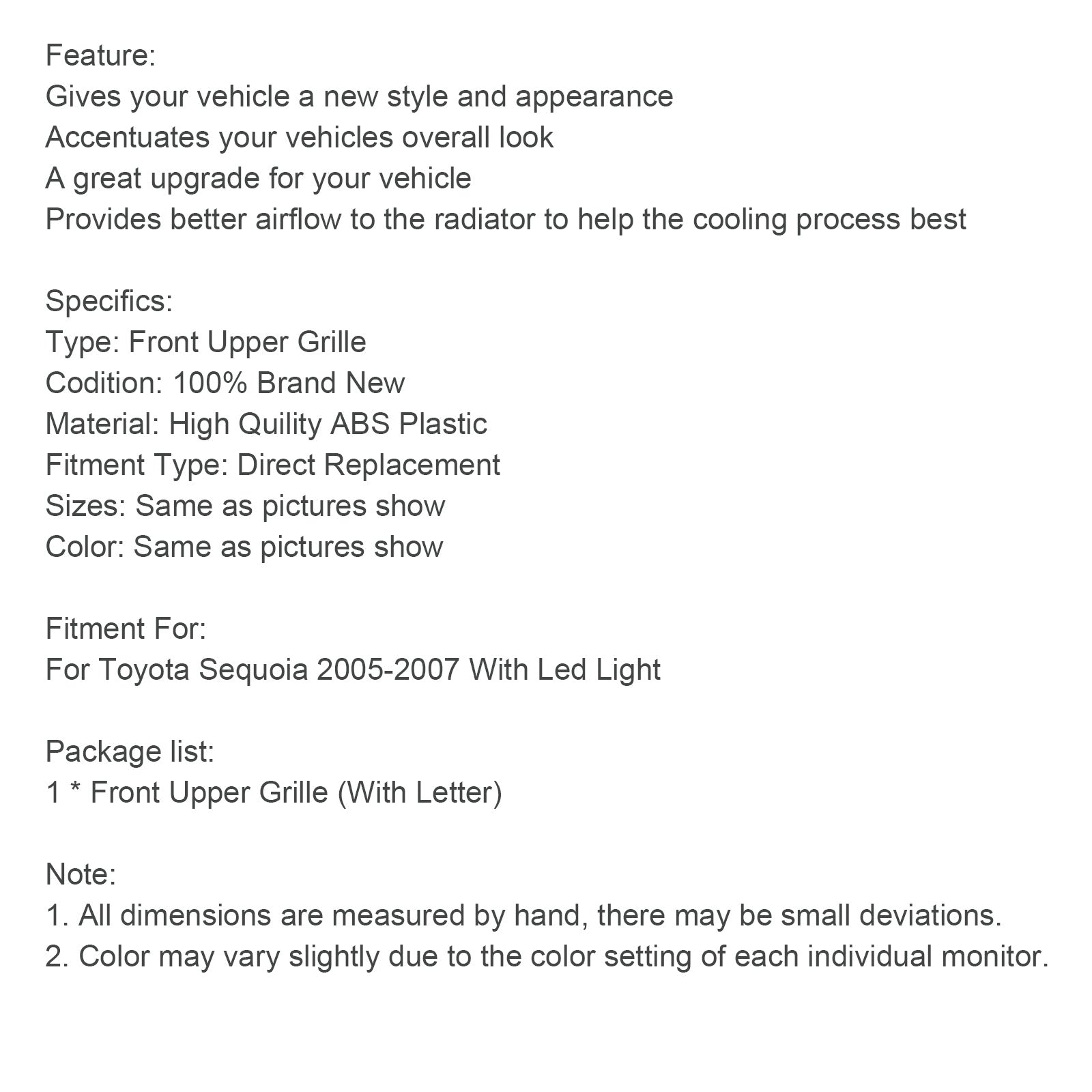 Griglia del paraurti anteriore nera opaca con illuminazione a LED per Toyota Sequoia 2005-2007