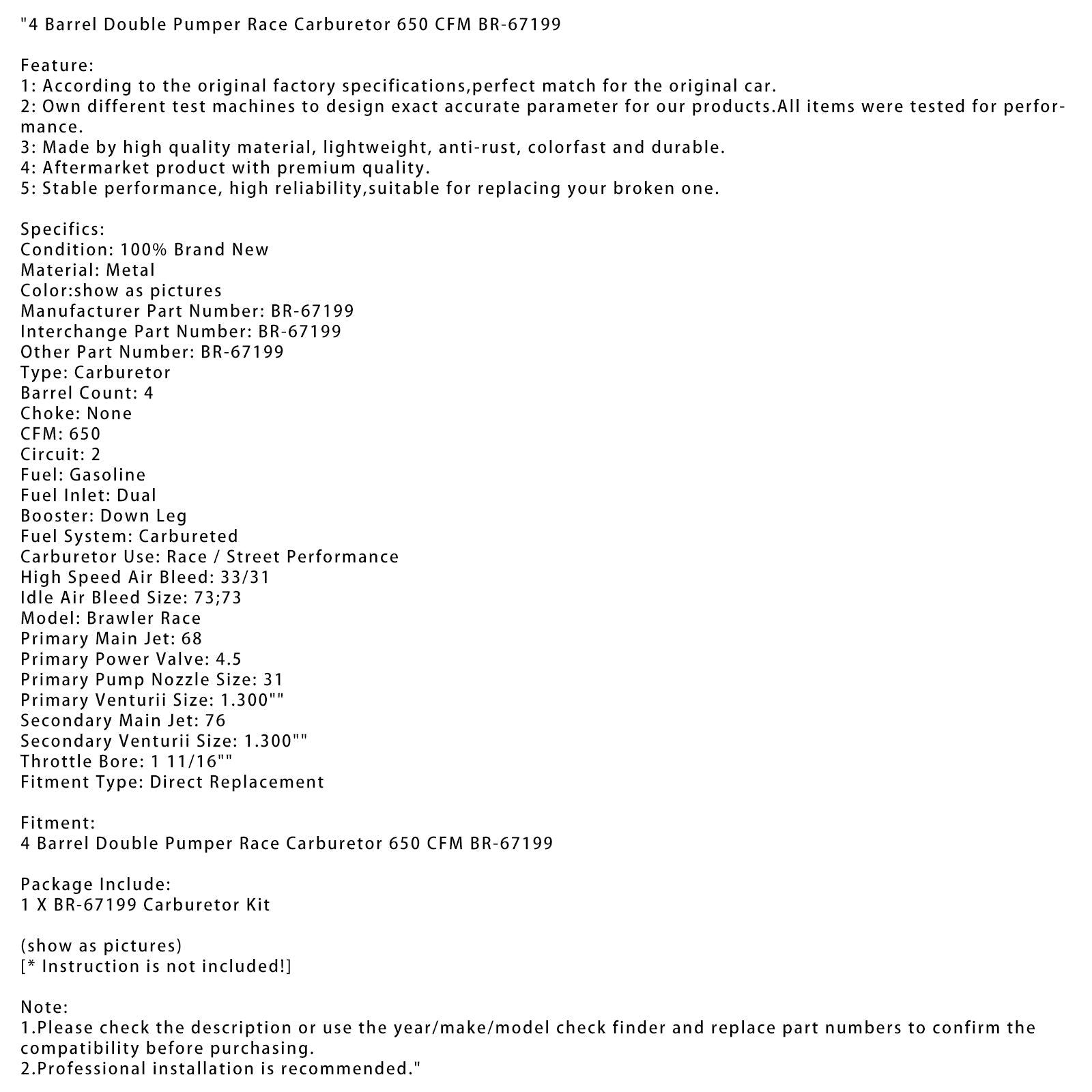 Nuova gara di Brawler Carburatore 650 CFM Doppia pompa 4 Corpo BR-67199 per motore a benzina