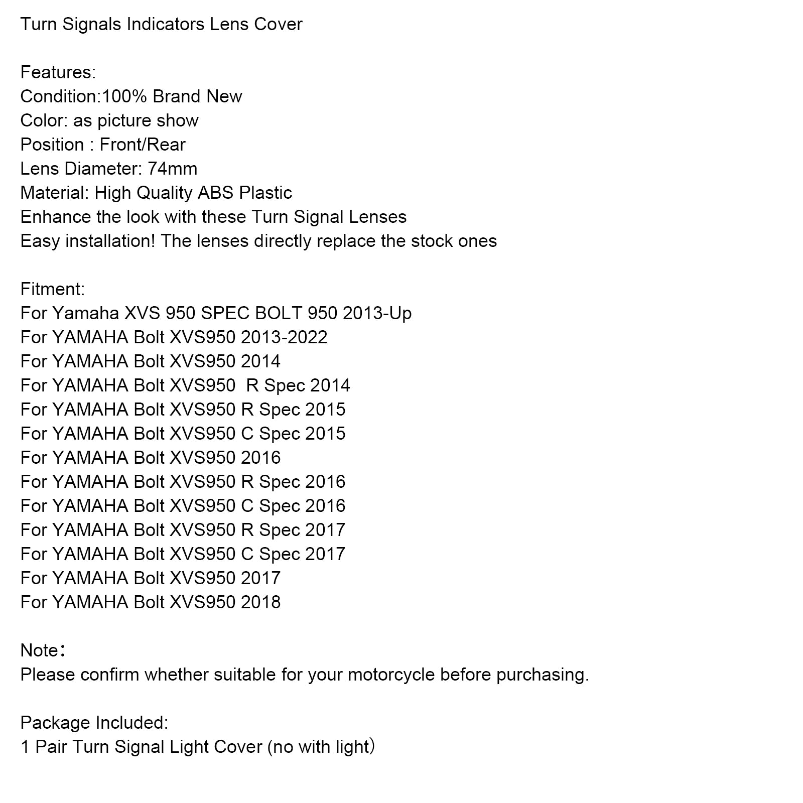 Couvercle de lentille de clignotants avant/arrière pour Yamaha XVS 950 SPEC BOLT 2013-up