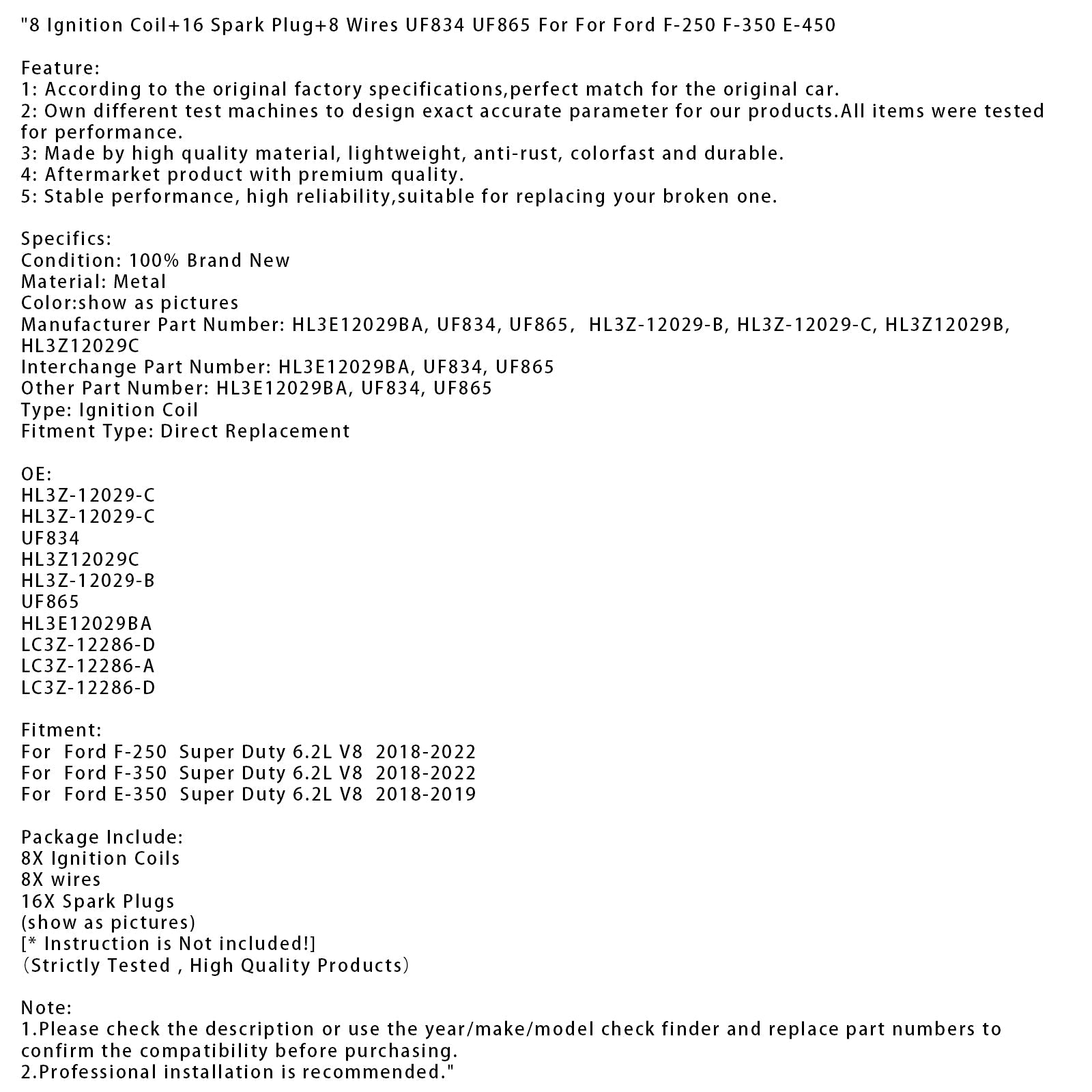 Bobine di accensione + 16 candele + 8 cavi candele per Ford F-250 Super Duty 6.2L V8 (2018-2022) - Numeri di parte: UF834, UF865, HL3Z-12029-C