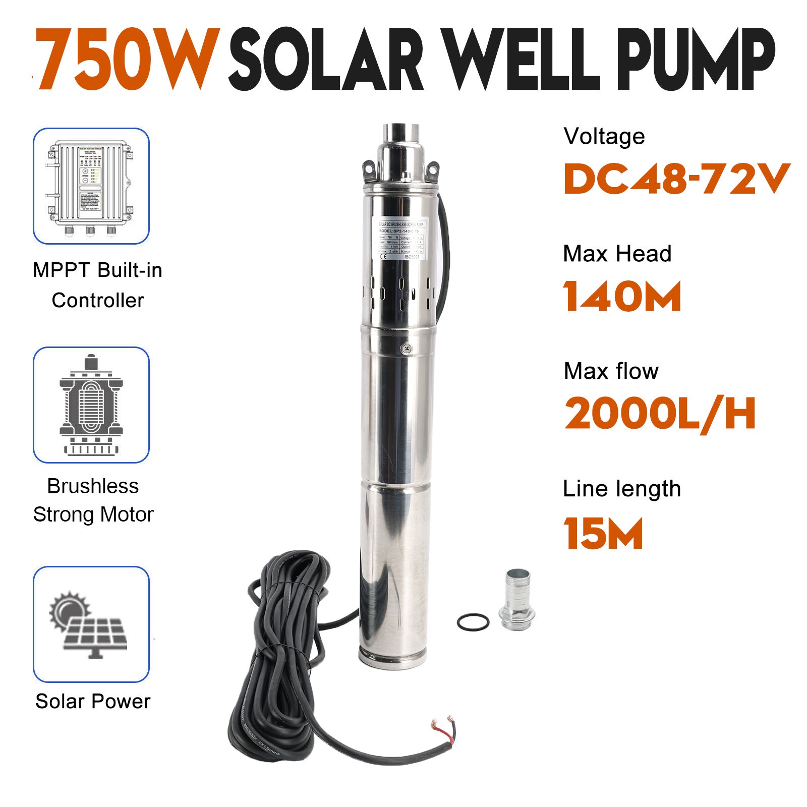Bomba de agua sumergible solar MPPT 48V 750W 3" con tornillo, profundidad máxima 140m