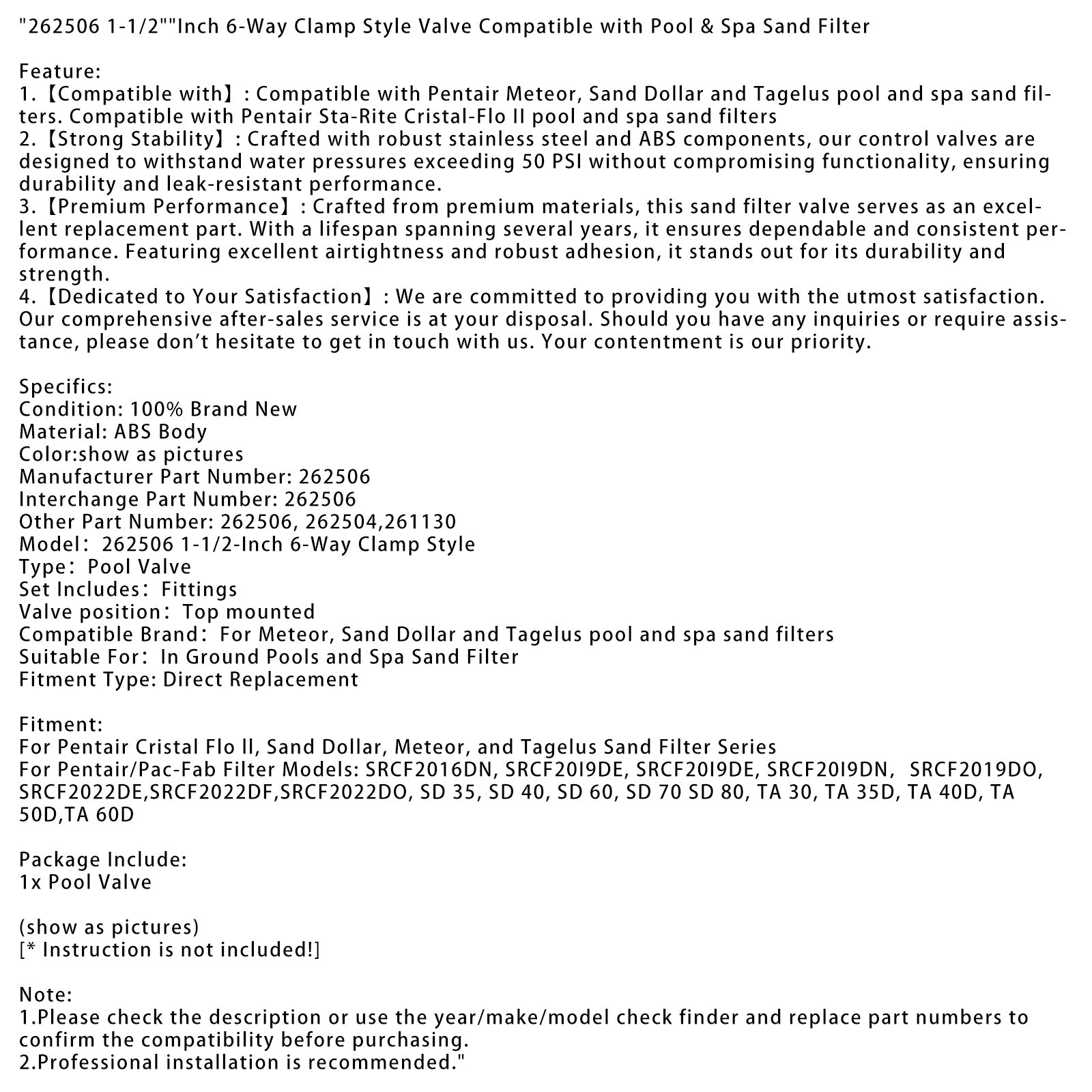 6-drogowy zawór zaciskowy 1-1/2" 262506 Kompatybilny z filtrem piaskowym do basenów i spa