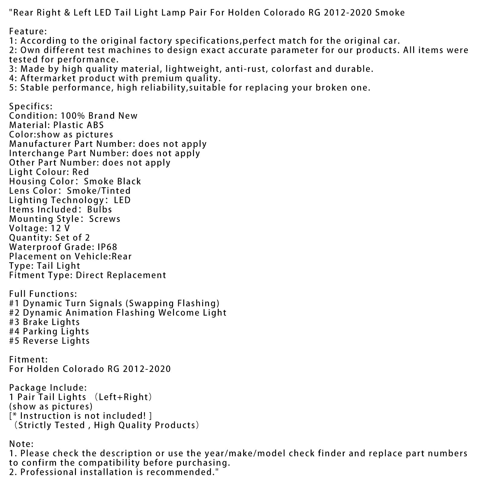 Coppia di luci posteriori a LED affumicate per Holden Colorado RG 2012-2020