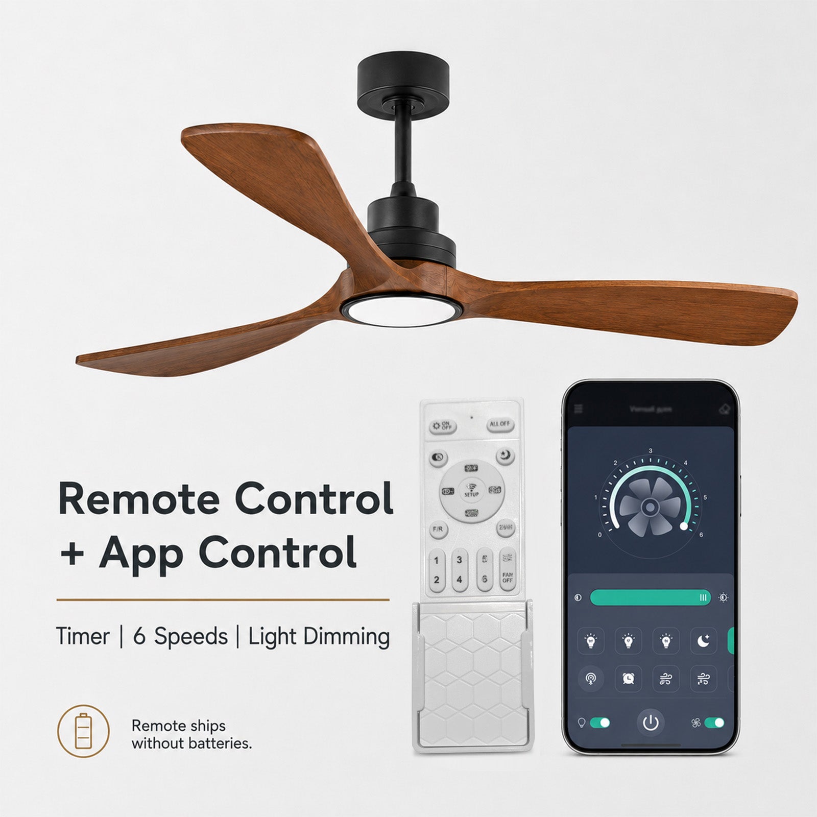 Ventilateur de Plafond Intelligent 52" avec Éclairage – Télécommande/App, Ultra Silencieux, Pales en Bois Massif