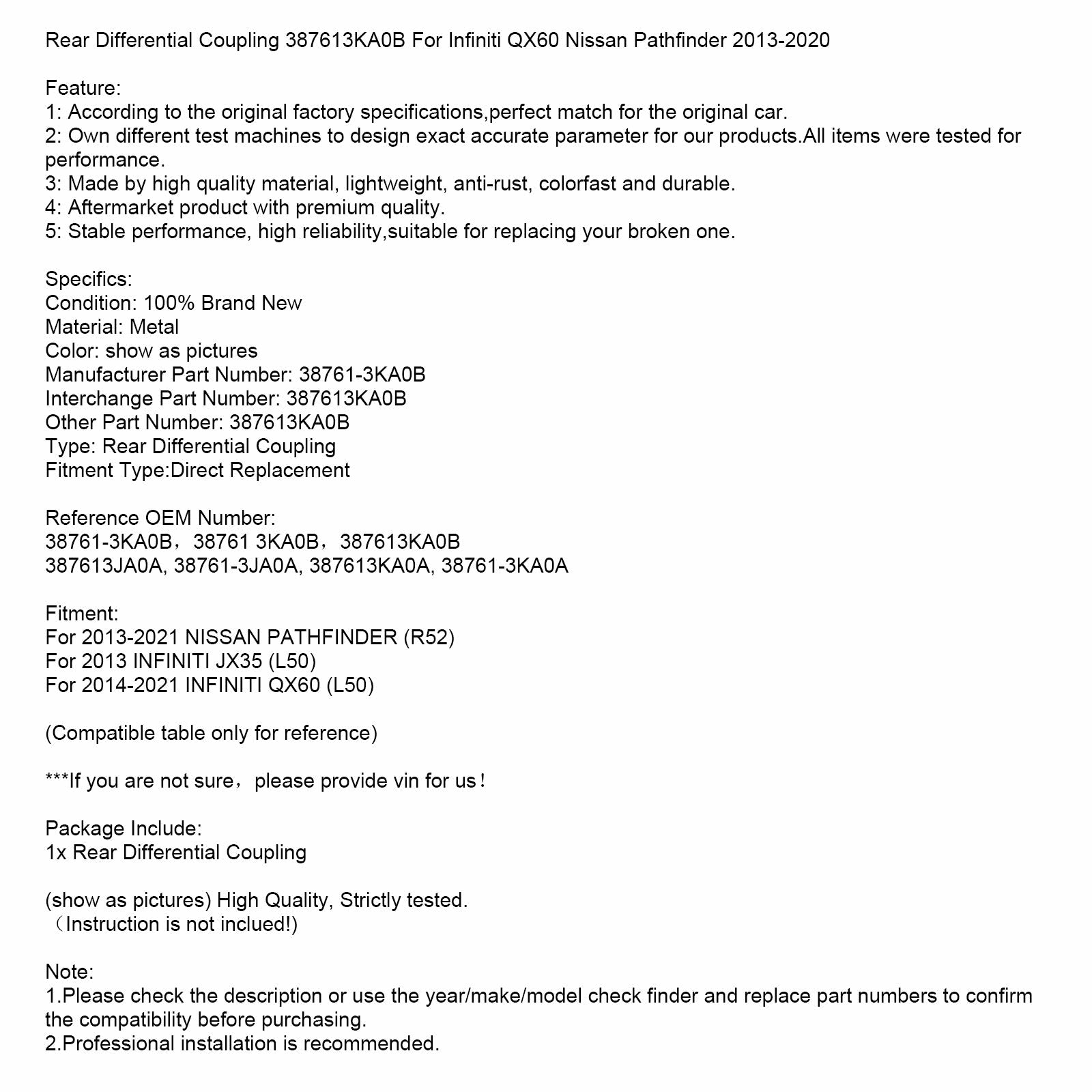 Tylne sprzęgło różnicowe 387613KA0B dla Infiniti QX60 Nissan Pathfinder 13-20