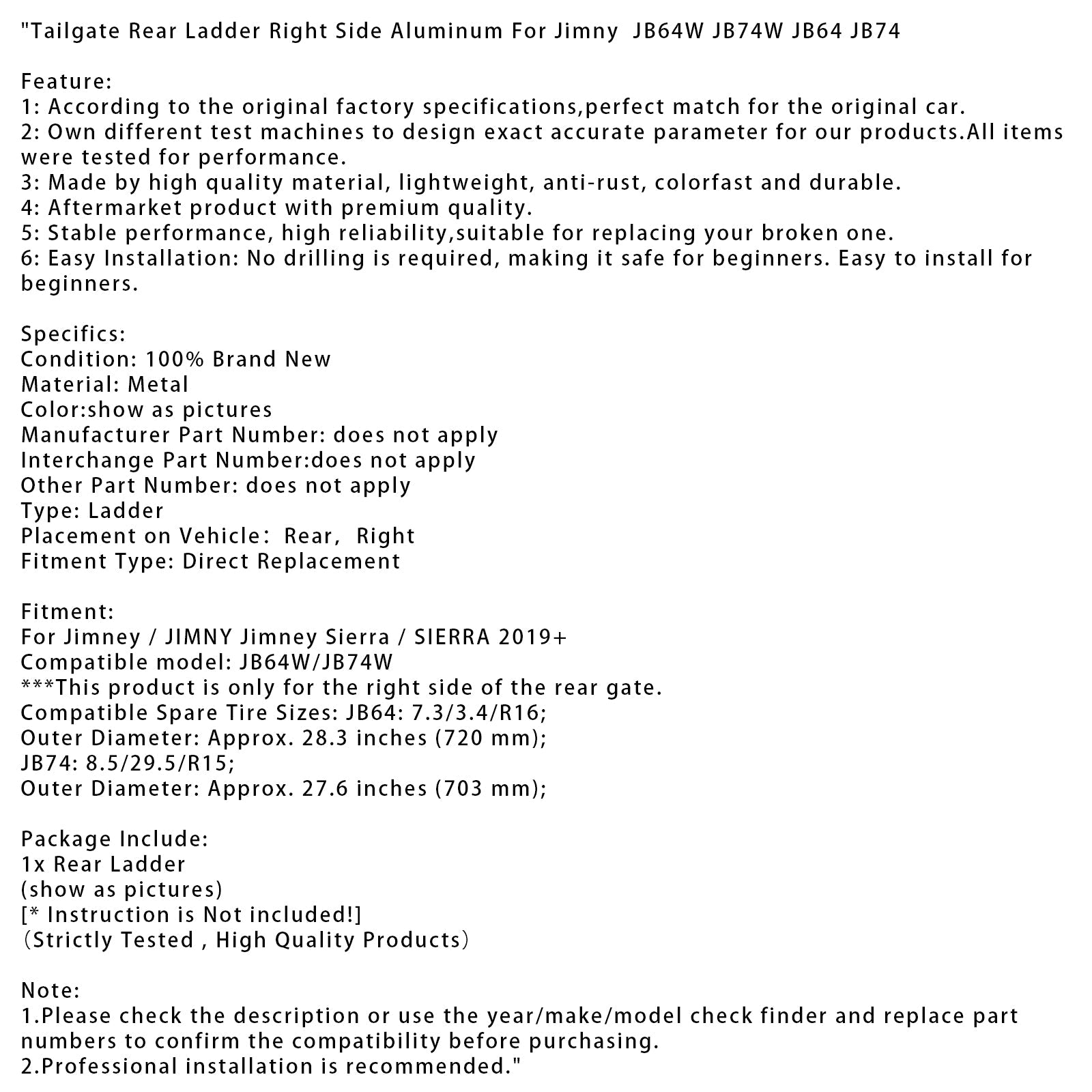 Scaletta portellone posteriore destro in alluminio per Jimny JB64W JB74W JB64 JB74 (dal 2019 in poi)