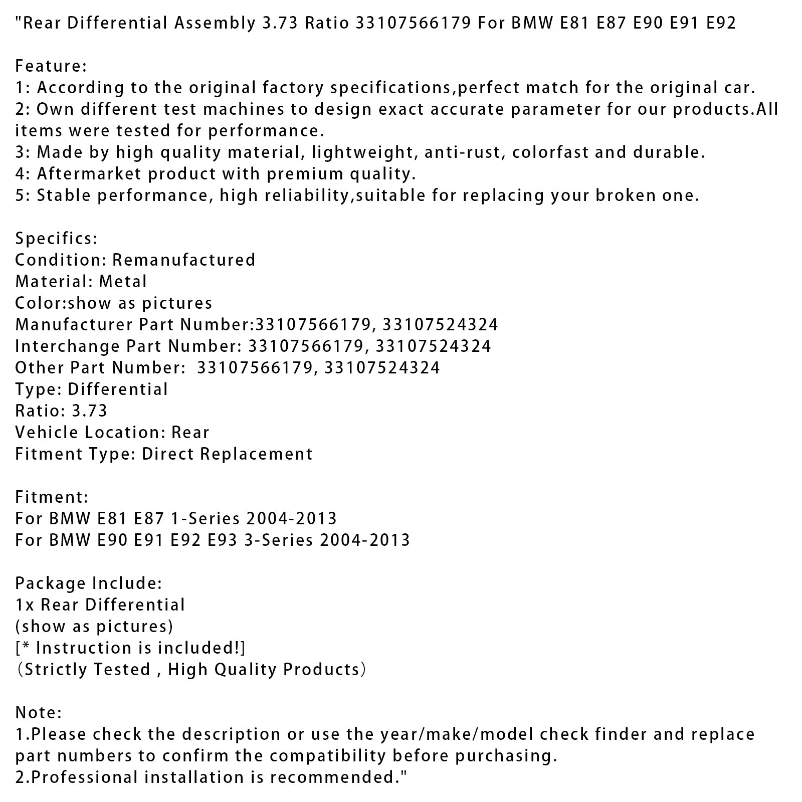 Achter differentieel 3.73 Rapport 33107566179 voor BMW E81 E87 E90 E91 E92