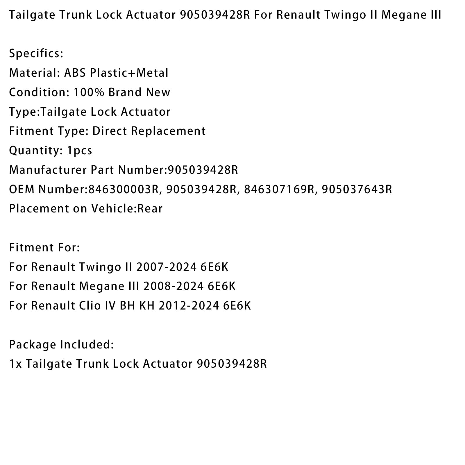 Attuatore serratura portellone posteriore 905039428R per Renault Twingo II e Megane III