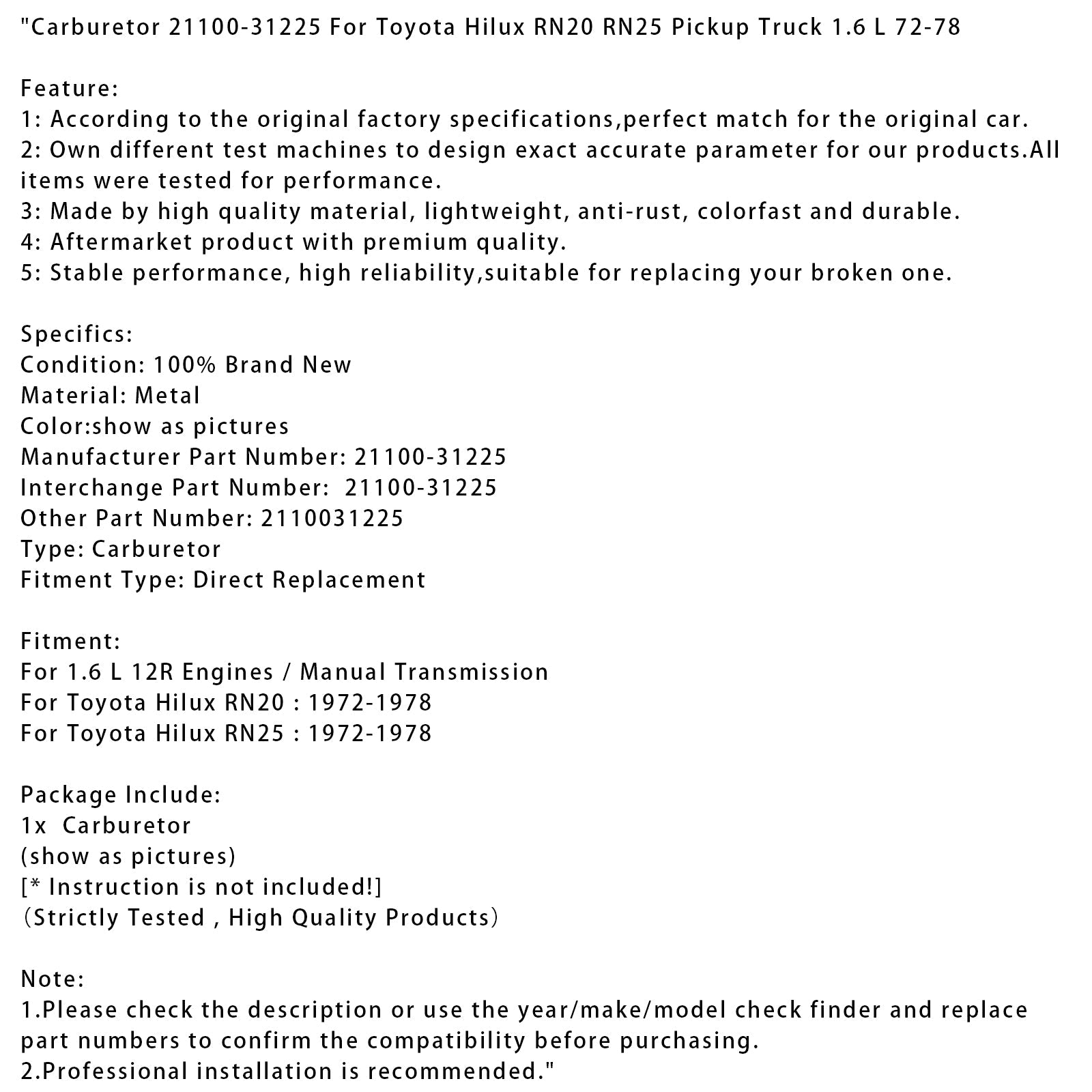 Toyota Hilux RN20 RN25 1972-1978 Pickup Truck 1.6 L Carburatore 21100-31225