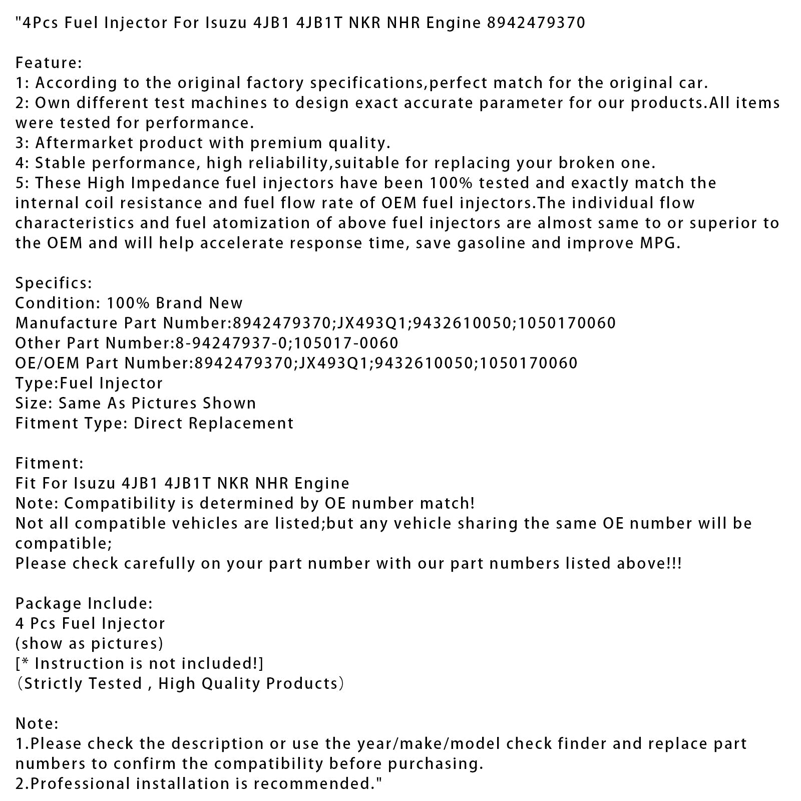 4x iniettore di carburante per motore Isuzu 4JB1 4JB1T NKR NHR 8942479370
