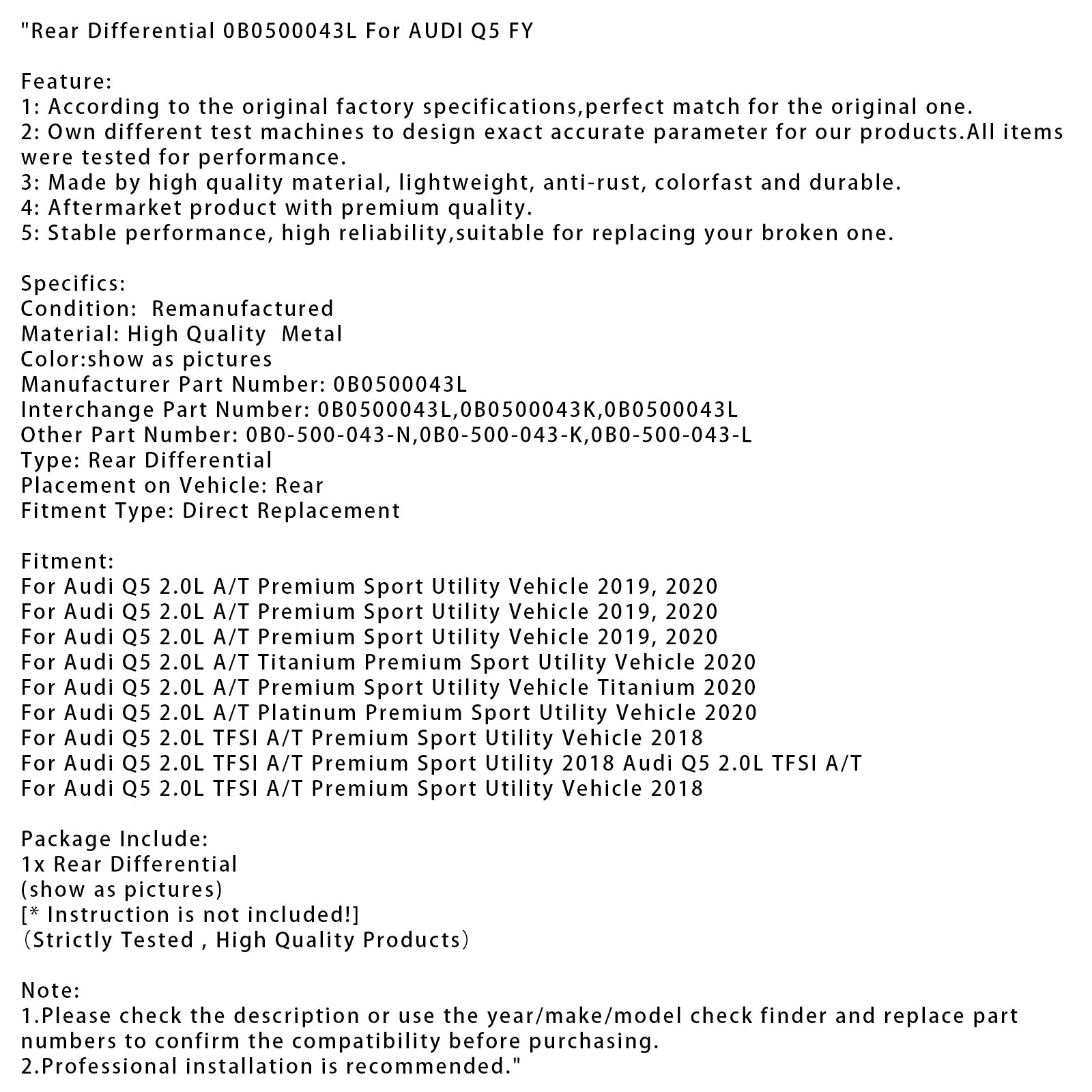 Tylna różnica tytanu dla Audi Q5 2.0LA/T Platinum Premium Sport Pojazd użyteczny 2020 0500043L 0B0500043K