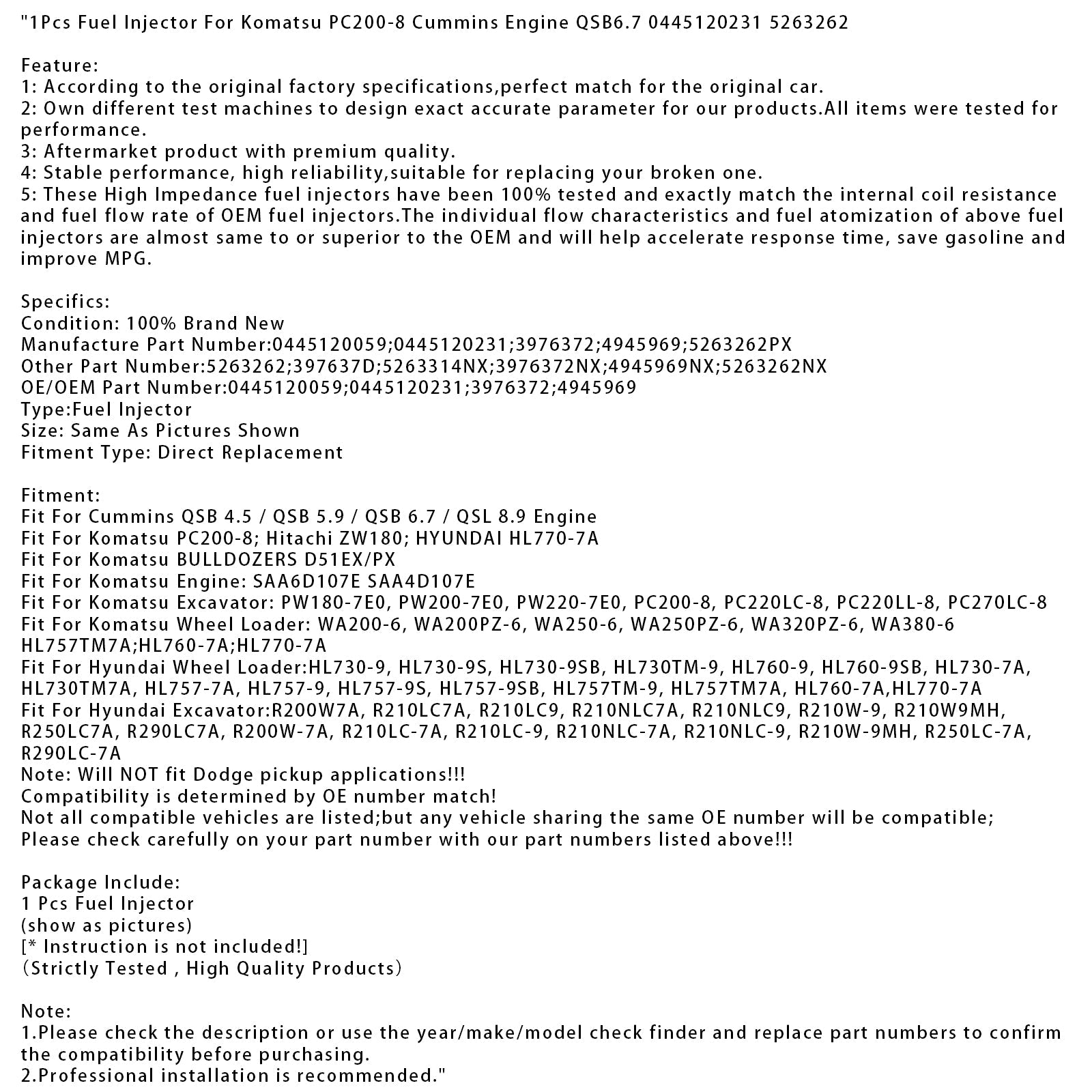 1 injecteur de carburant pour moteur Komatsu PC200-8 Cummins QSB6.7 0445120231 5263262