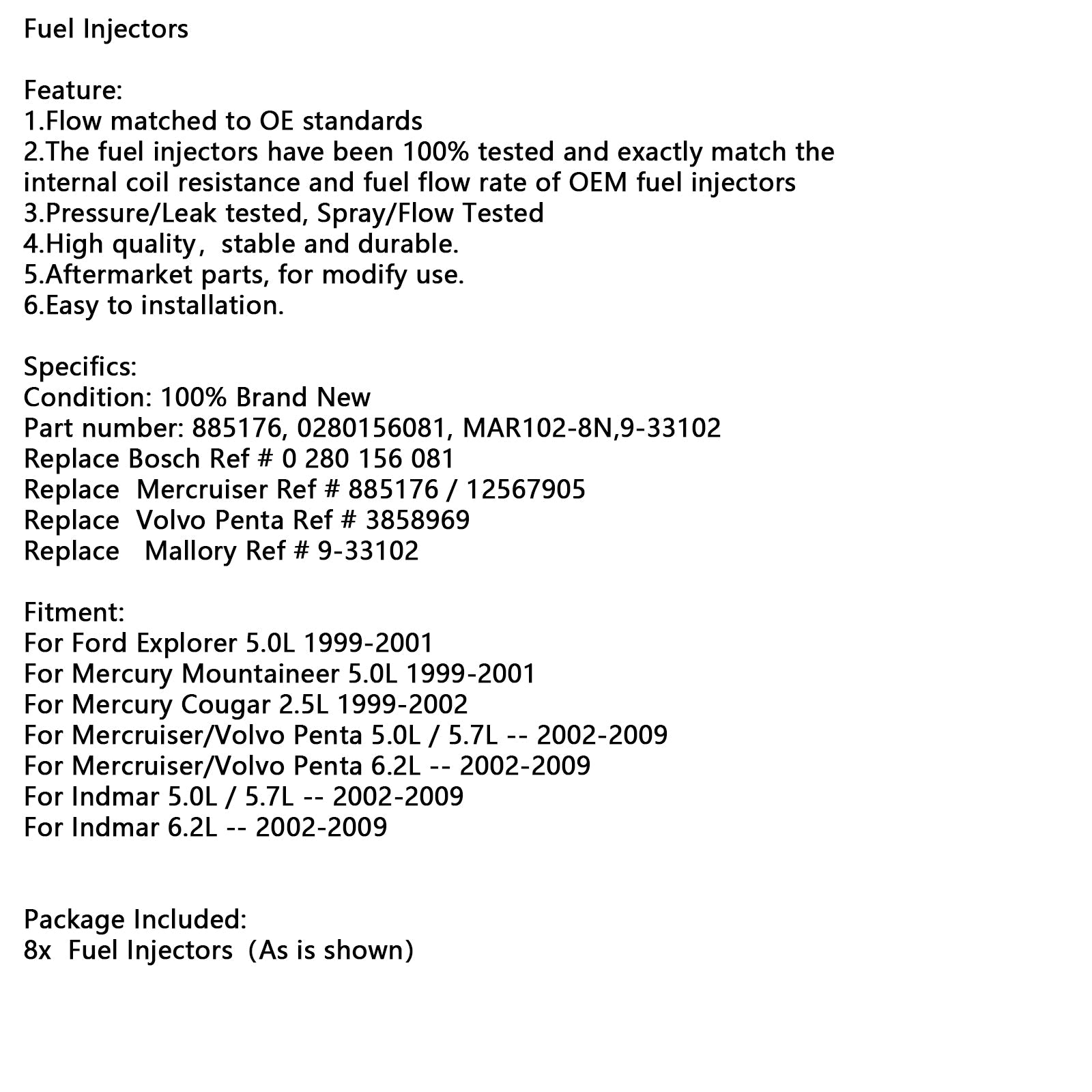 8 Uds 885176 0280156081 inyectores de combustible MAR102-8N 9-33102 para Mercury Mercruiser