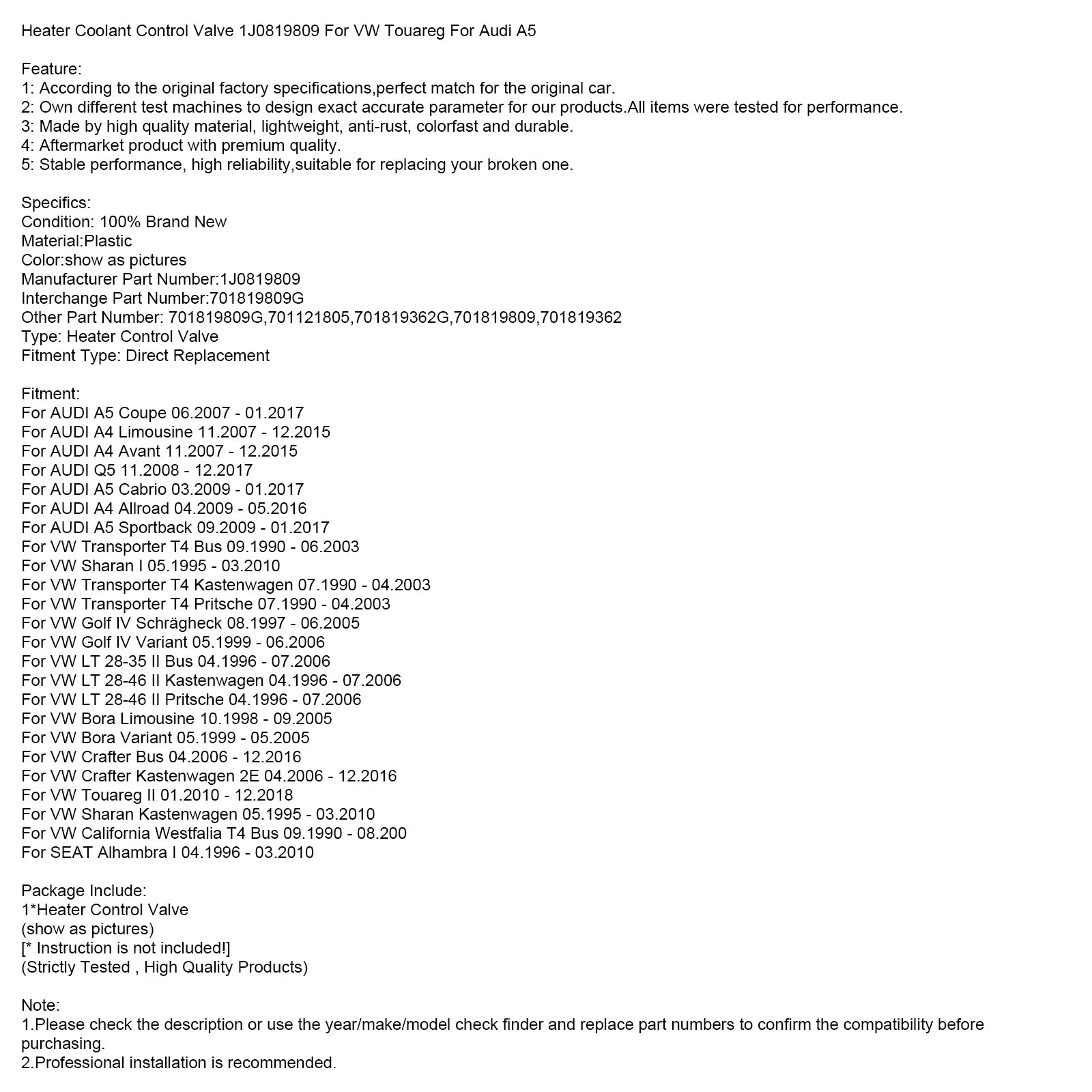Vanne de régulation du liquide de refroidissement du chauffage 1J0819809 pour VW Touareg et Audi A5