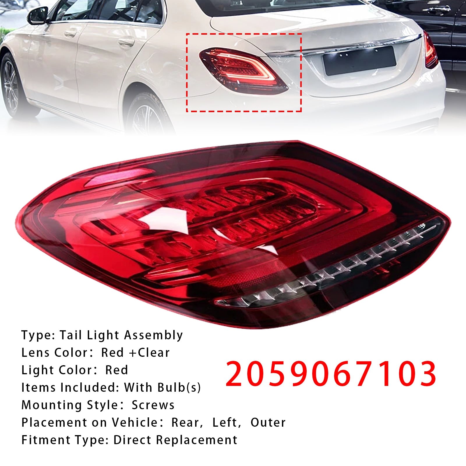 Linker LED-achterlicht voor Mercedes-Benz C300 W205 opnieuw vormgegeven (submodel) : 4Matic, basismodel) (2019-2021) : referenties 2059067103 en 2059067203