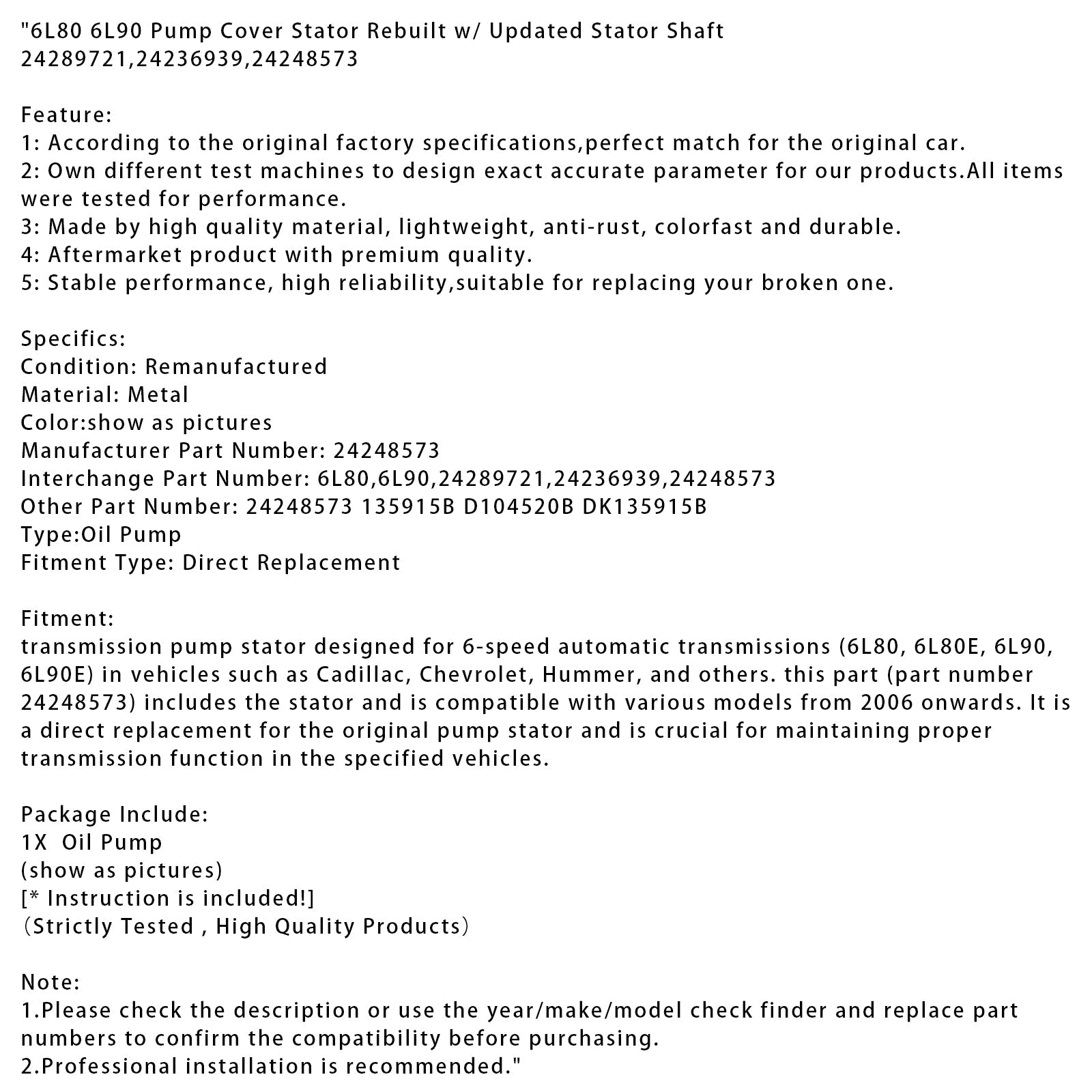 Couvercle de pompe 6L80 6L90, stator reconstruit avec arbre de stator mis à jour 24289721 24236939