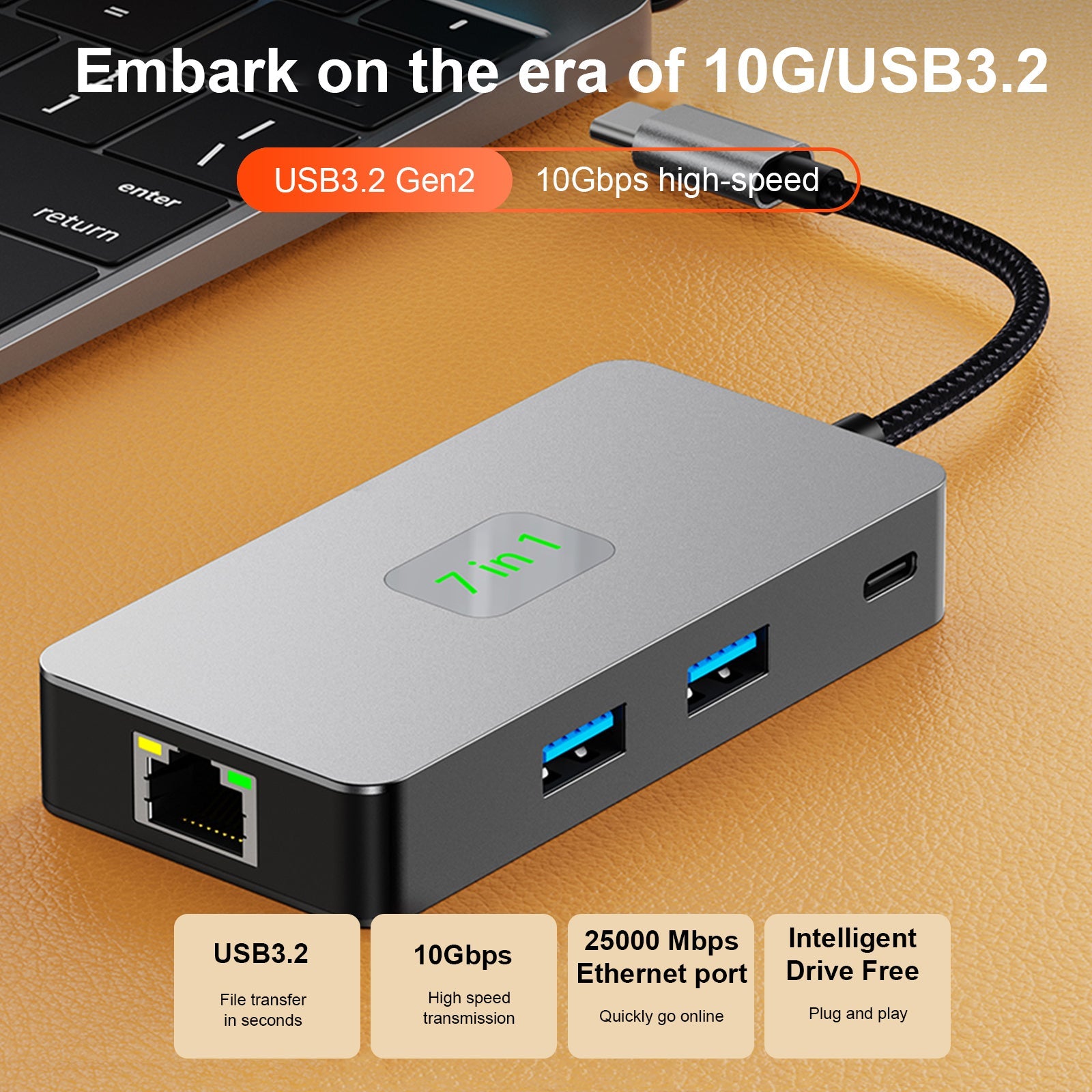 7 in 1 TYPE-CtoRJ45 2.5G 10G USB3.2 HDMI PD100W SD TF Interface Hub Adapter