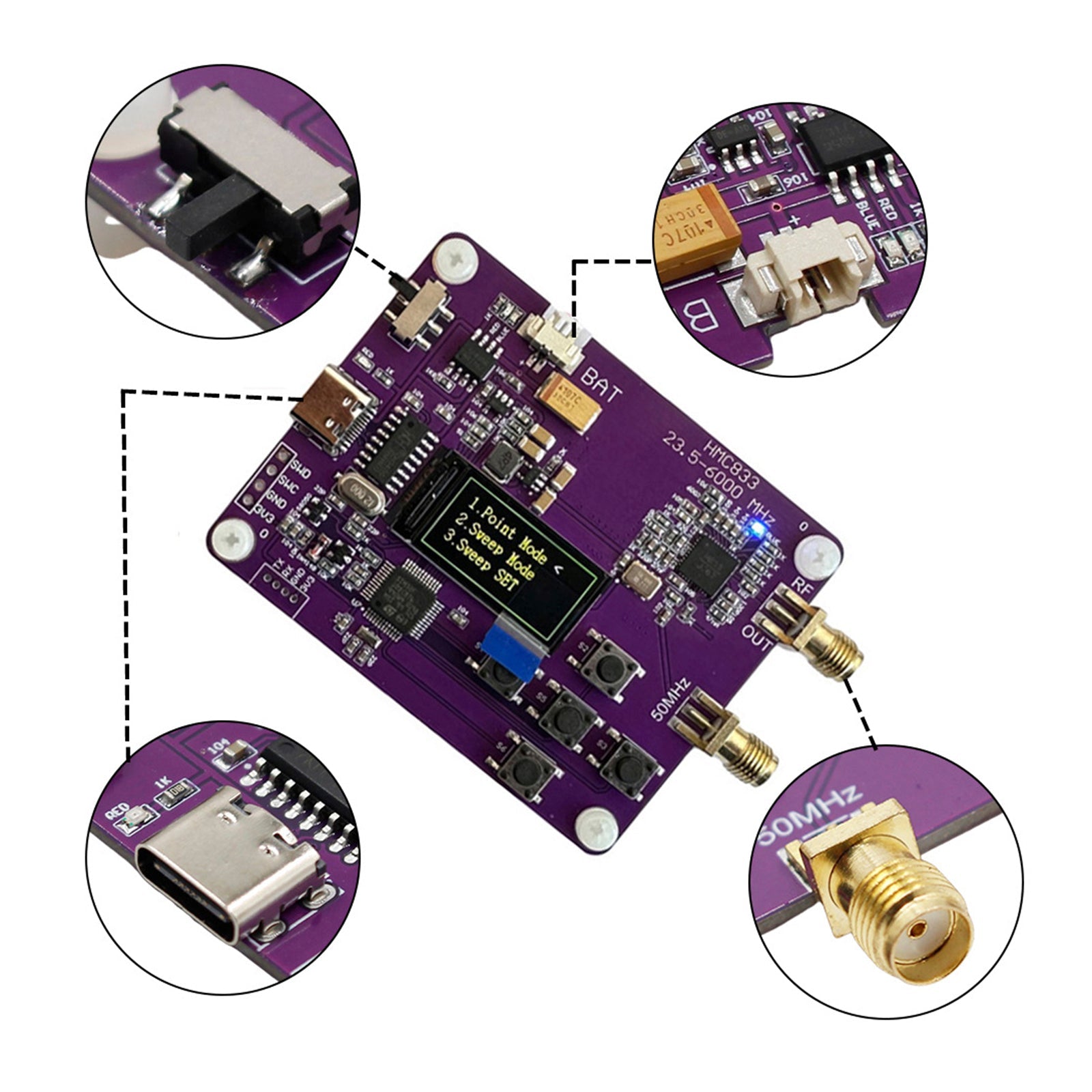 RF 6 GHz: n signaaligeneraattori, 23,5-6 000 MHz näppäimistö, OLED HMC833 -näyttö