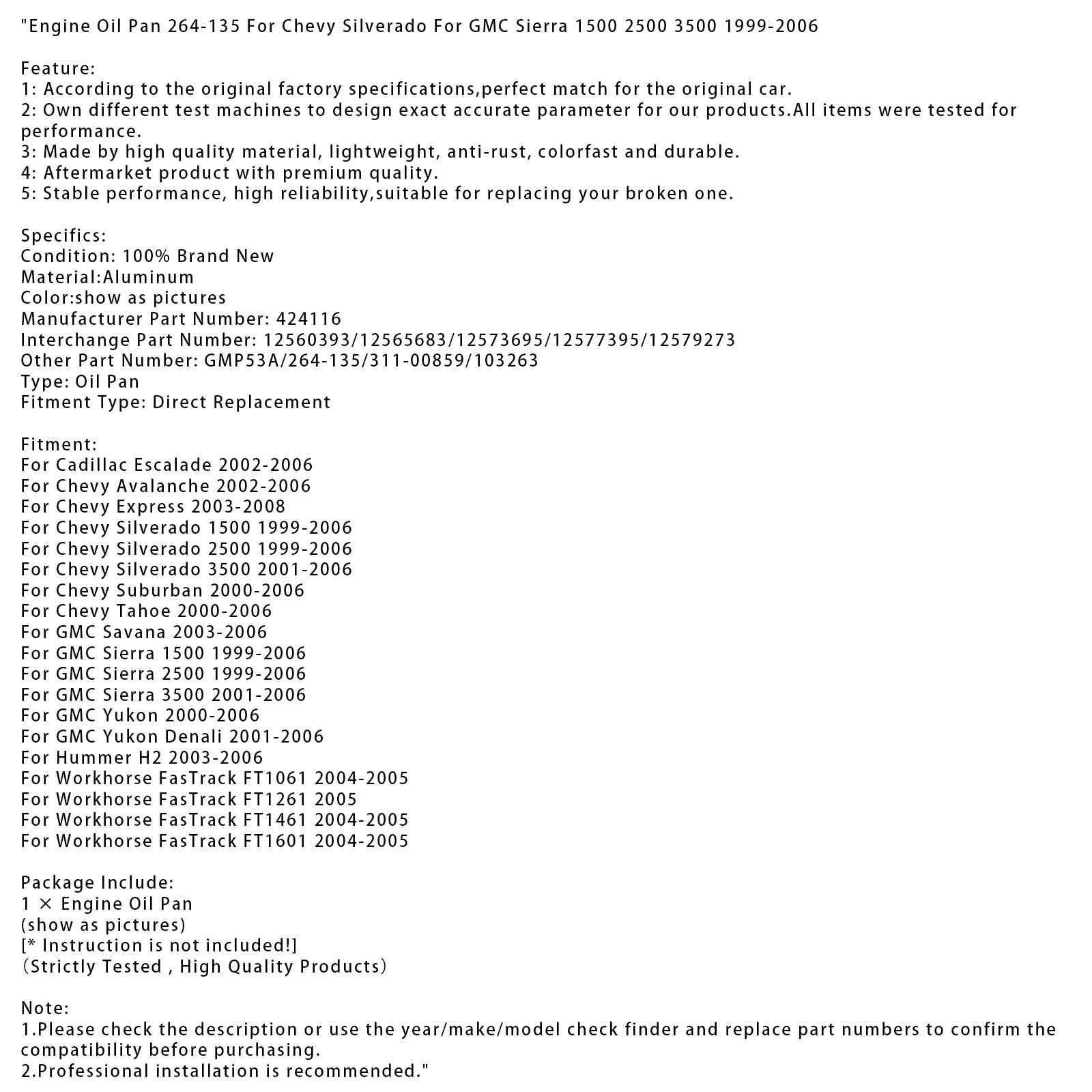 GMC Sierra motorolie Carter 2500 1999-2006 264-135 424116 12560393