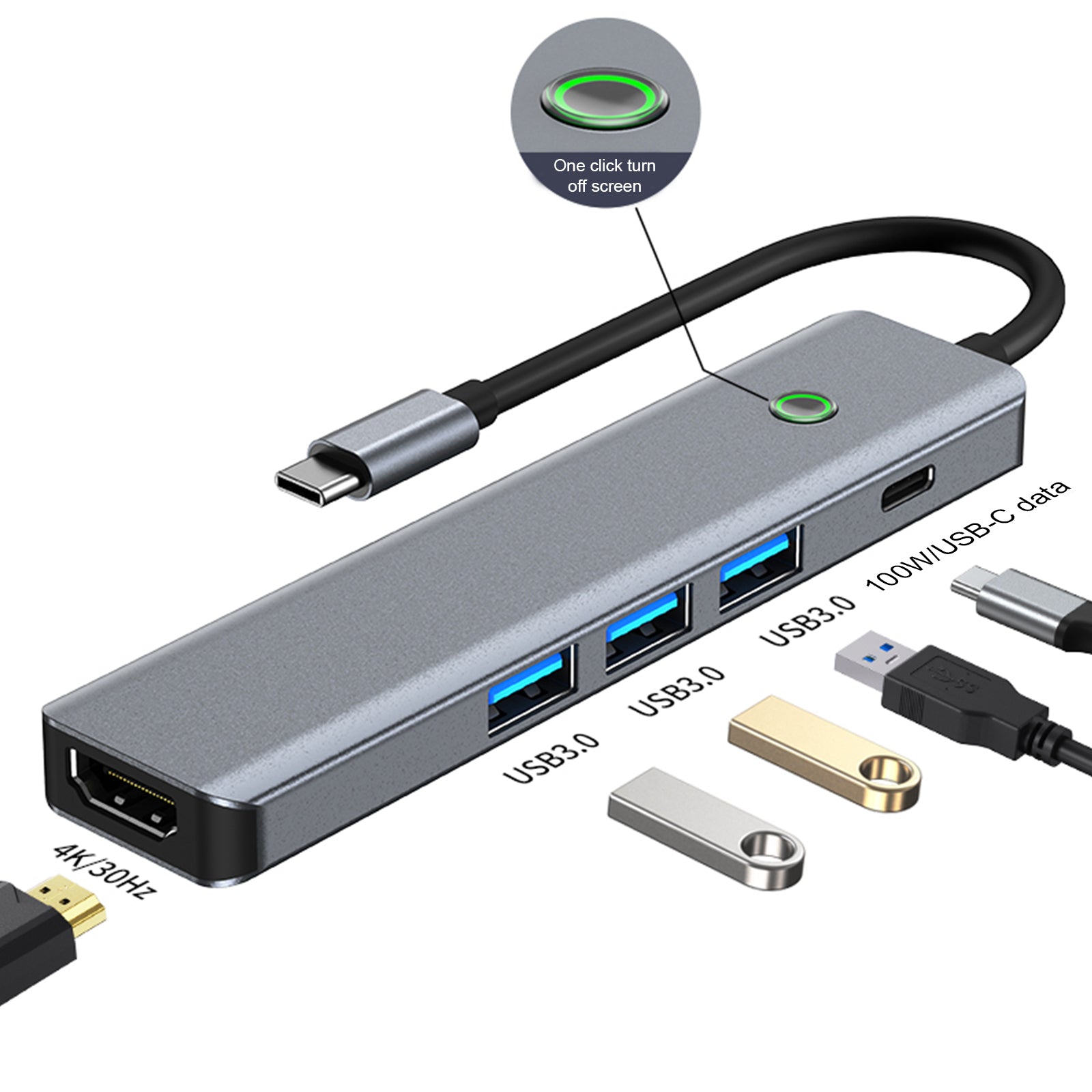 Adaptador de concentrador de interfaz 5 en 1 TYPE-C USB3.0 HDMI PD100W para MacBook iPad Pro