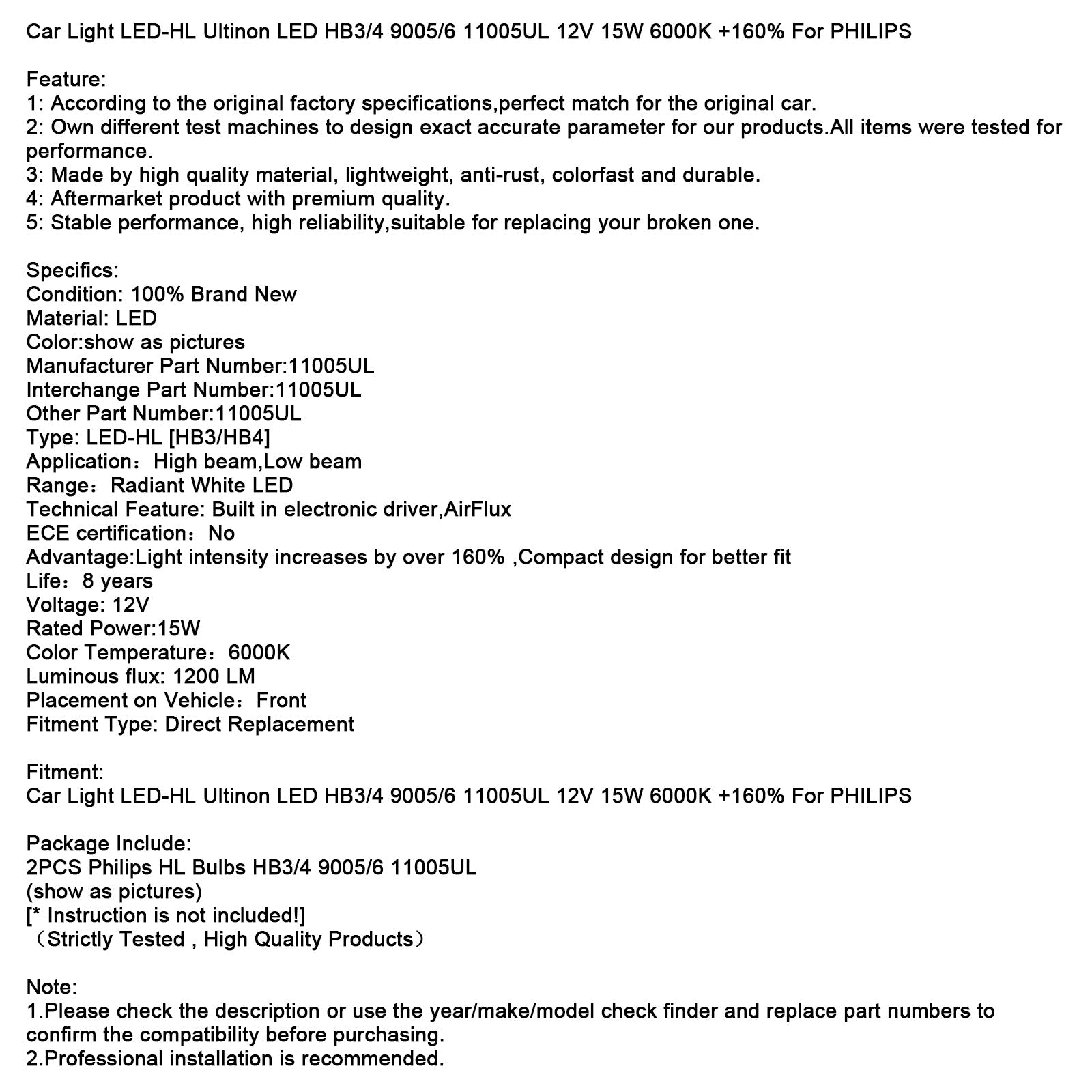 Phare de voiture LED-HL Ultinon LED HB3/4 9005/6 11005UL 12V 15W +160% pour PHILIPS