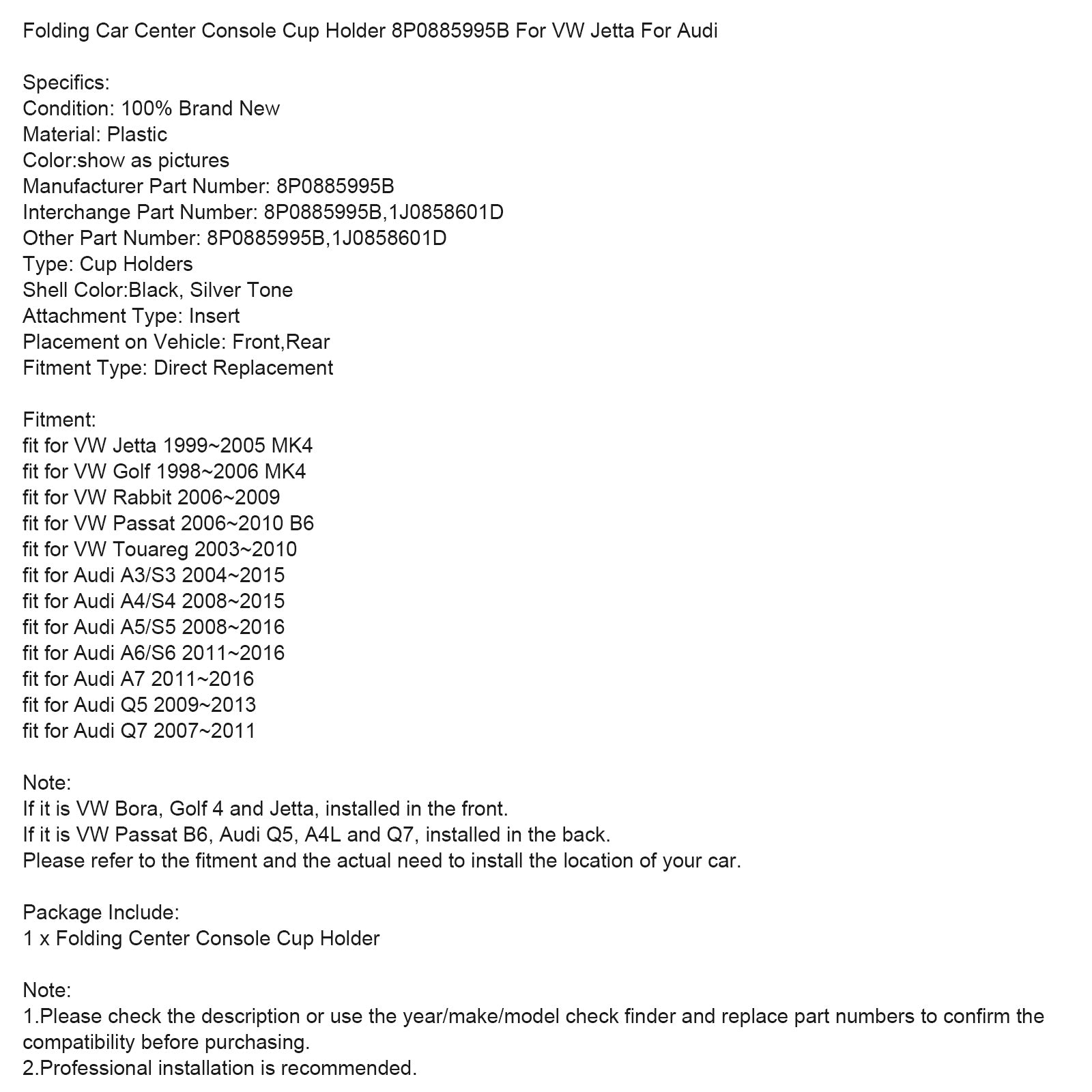 Porta di tazza pieghevole per console per auto centrali 8p0885995b per VW Jetta e Audi