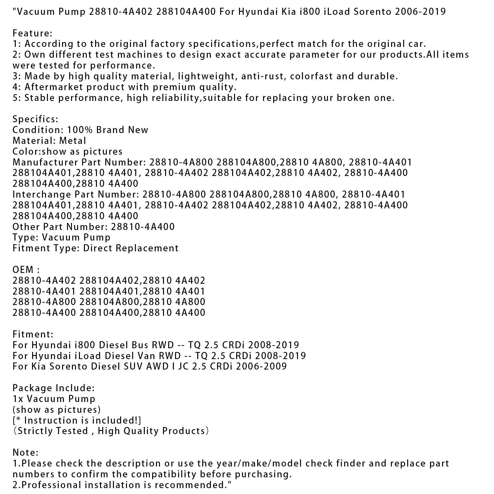 Vacuümpomp 288810-4A402 288104A400 voor Hyundai Kia i800 Iload Sorento 2006-2019