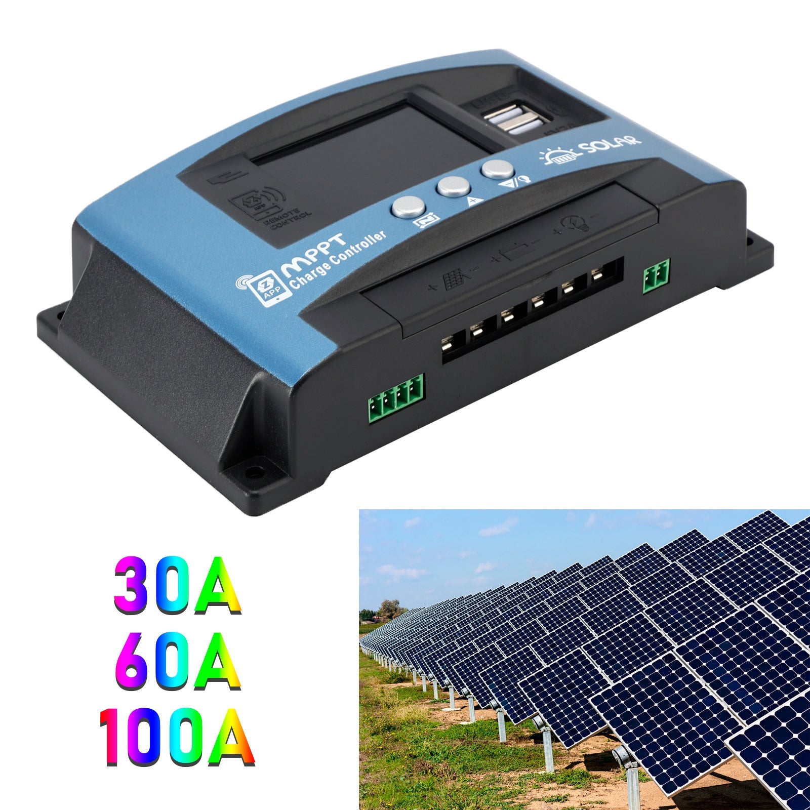 Contrôleur solaire MPPT 30 A/60 A/100 A, Bluetooth, surveillance de la température et charge