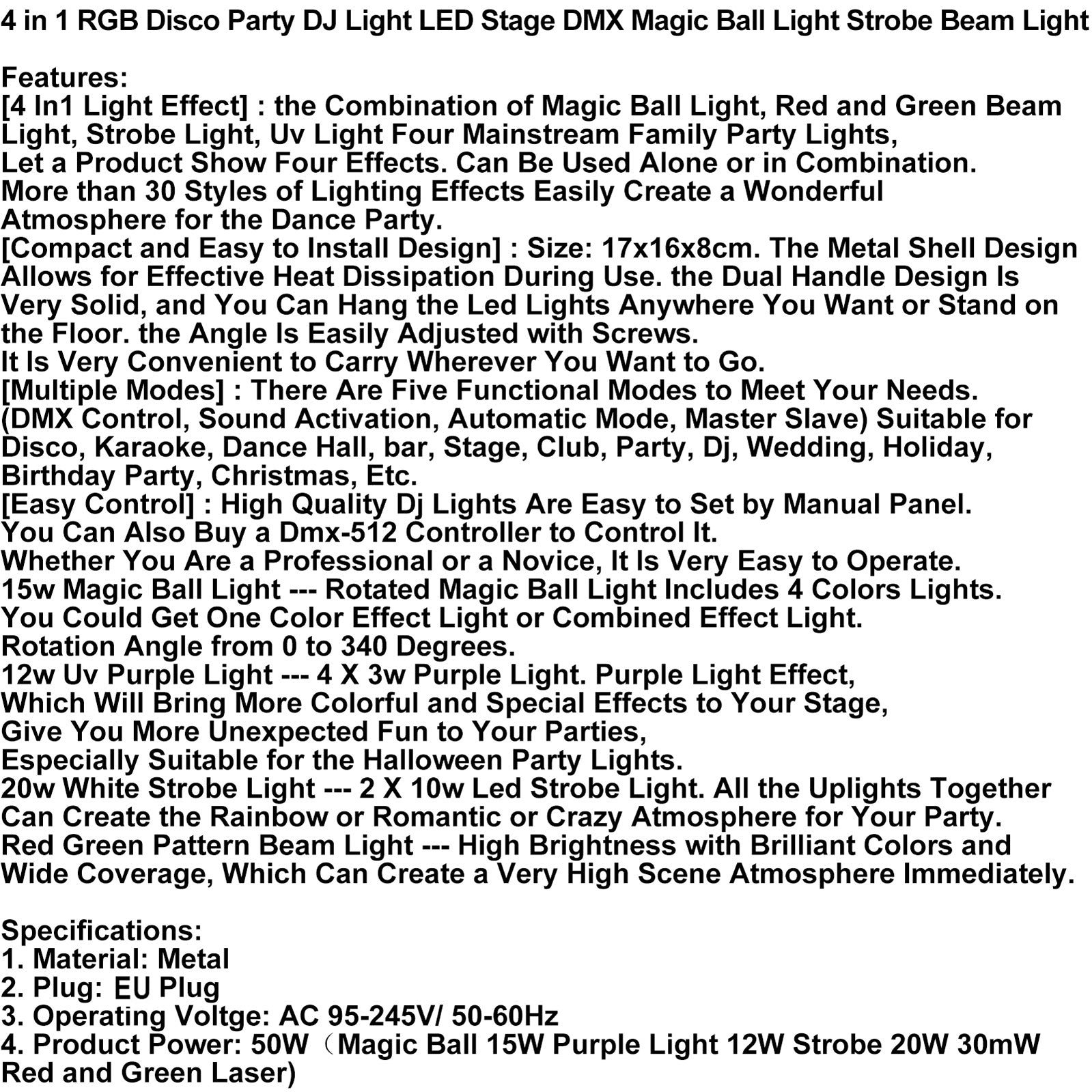 4 En 1 RGB Disco Party DJ Light LED Stage DMX Magic Ball Light Strobe Beam Light