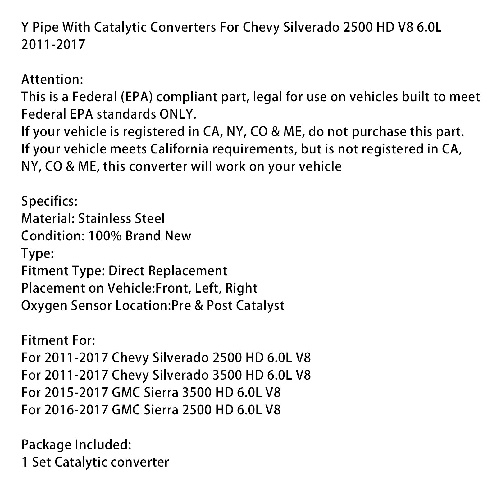 Y slang met katalysatoren voor Chevy Silverado 2500 HD V8 6.0L 2011-2017