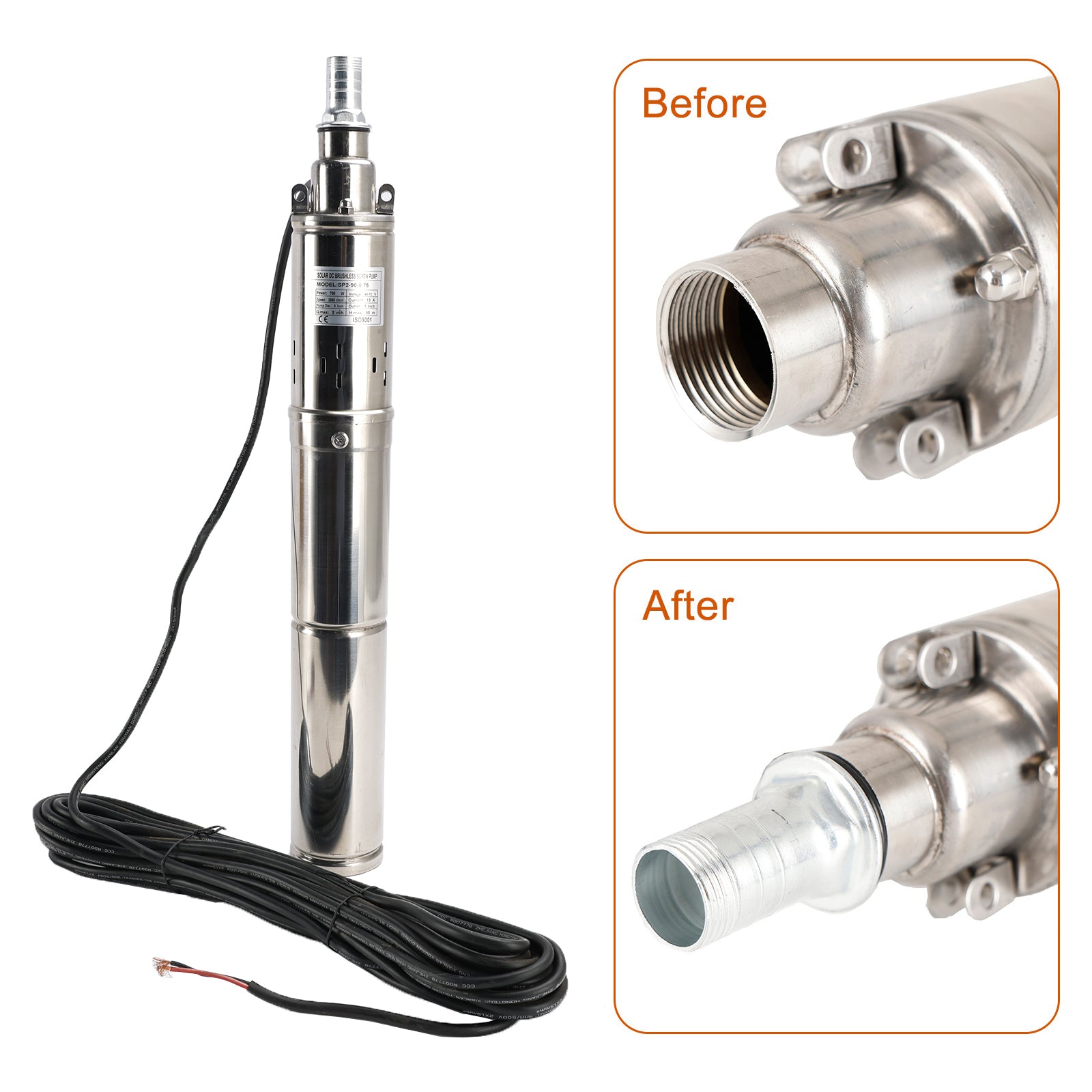 Pompa da pozzo a vite solare MPPT da 3 "48v 750w in acciaio per immersioni profonde
Pompa ad acqua sommergibile solare del foro del pozzo profondo di 3" 48V 750W MPPT incorporato