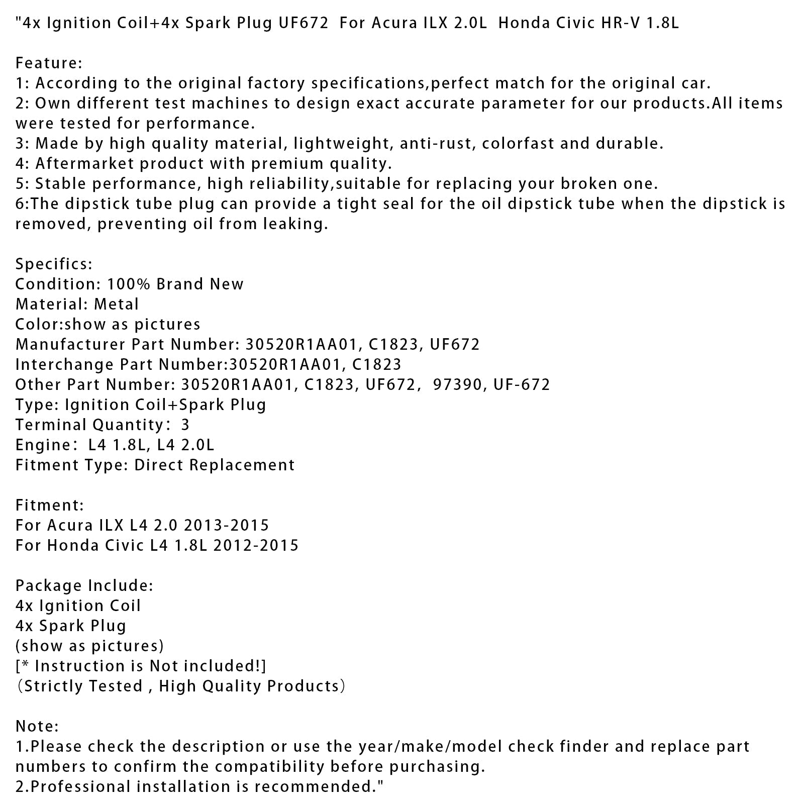 Lot de 4 bobines d'allumage et 4 bougies d'allumage UF672 pour Acura ILX 2.0L et Honda Civic HR-V 1.8L