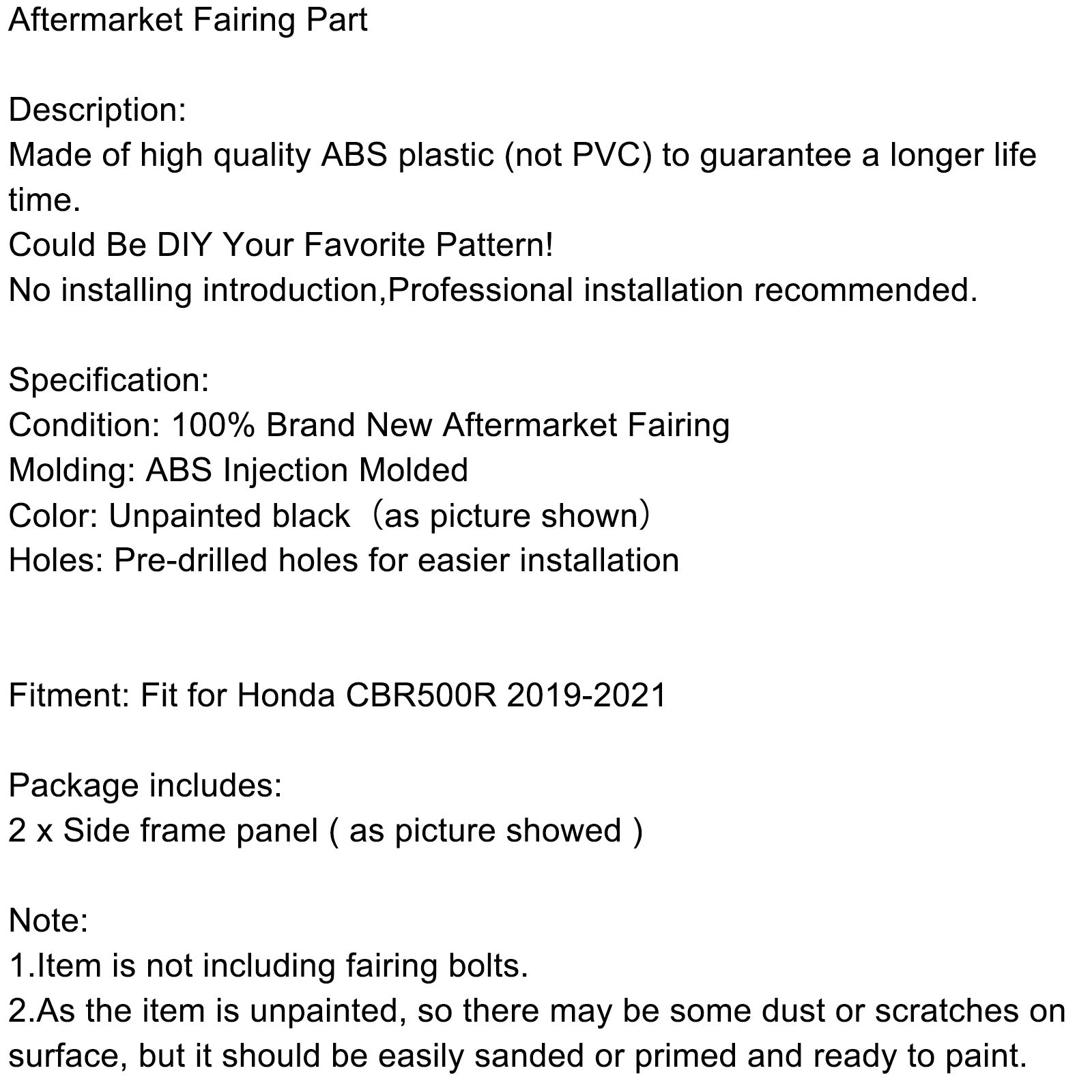 Zestaw owiewek nadwozia Honda CBR500R 2019-2021 Niepomalowane formowanie wtryskowe