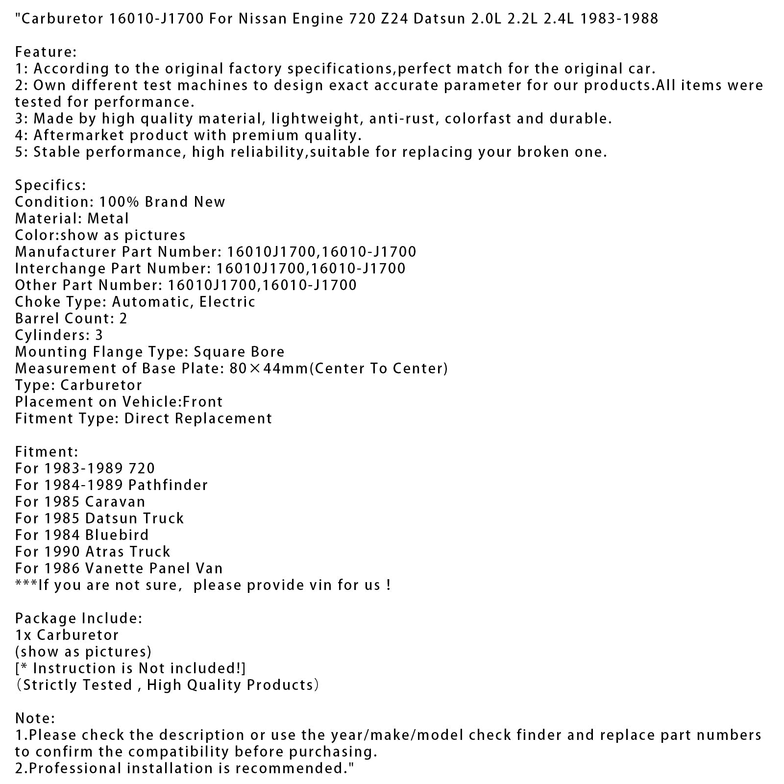 Carburateur Vanette Panel Van 1986 16010-J1700