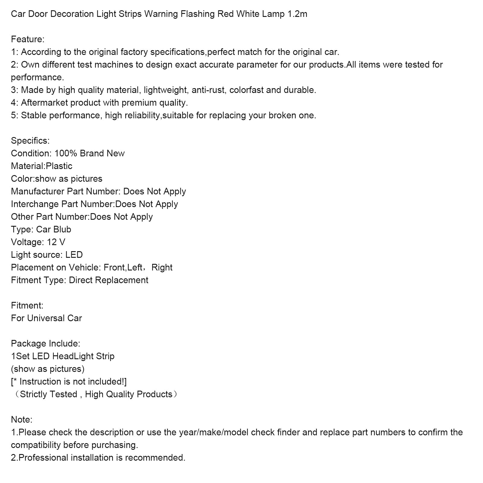 Tiras de luz decorativas para puertas de automóviles, parpadeo, rojo y blanco, 1.2 m