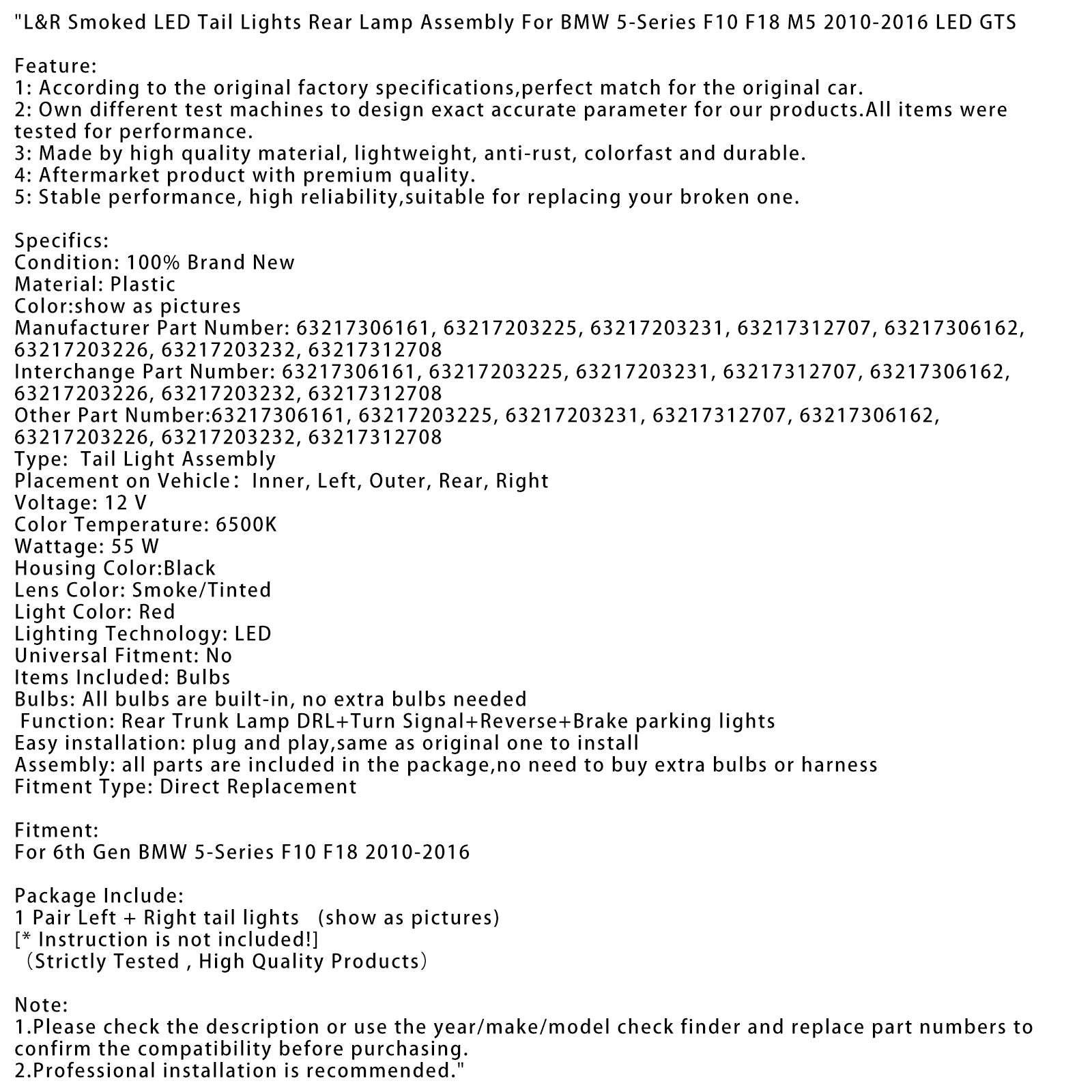 Luci posteriori a LED fumo per BMW Serie 5 di 6a generazione (2010-2016) (5F10, F18, M5, L&R)