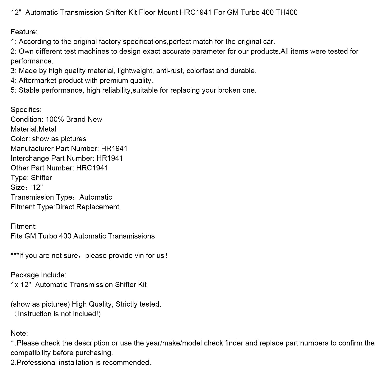 Soporte de piso de palanca de cambios de transmisión automática GM Turbo 400 TH400 de 12 pulgadas HRC1941