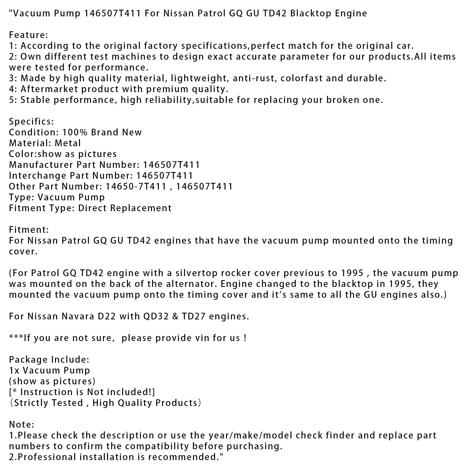 Nissan Patrol GQ GU TD42 Blacktop motorvacuümpomp 146507T411 14650-7T411