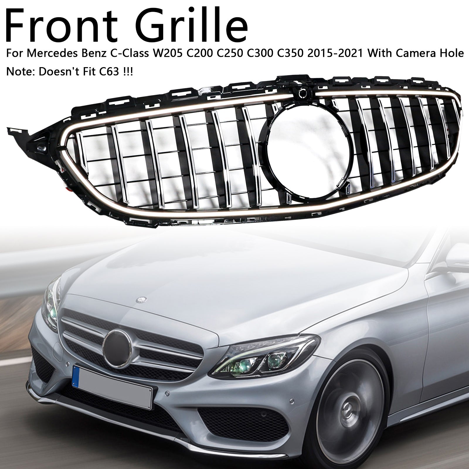 Grille de pare-chocs avant chromée à LED pour Mercedes W205 C250 C300 2015-2021