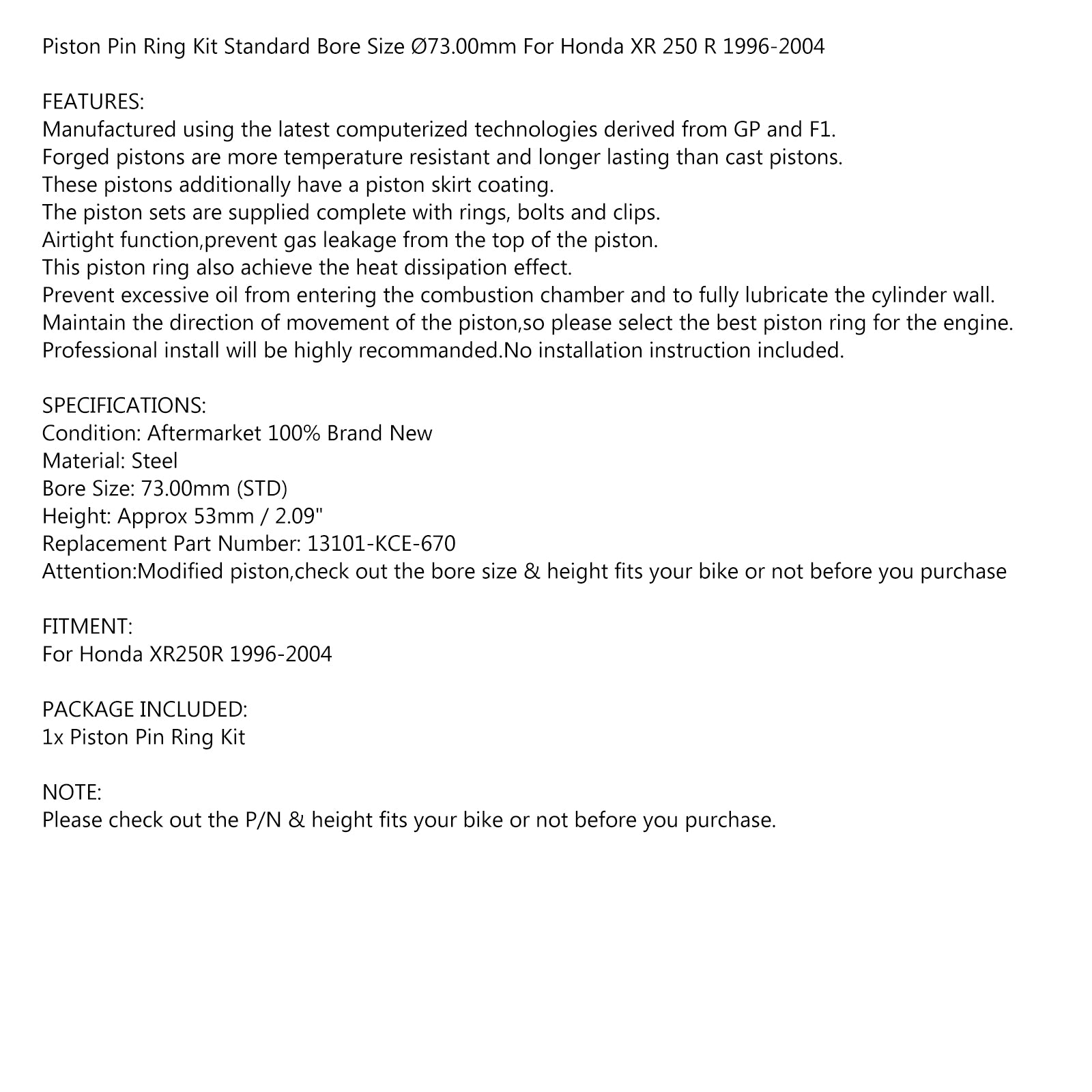 Komplet za obroč z motornim batnim obročem 73 mm STD za Honda XR250R 1996-2004 XR 250R 13101-KCE-670