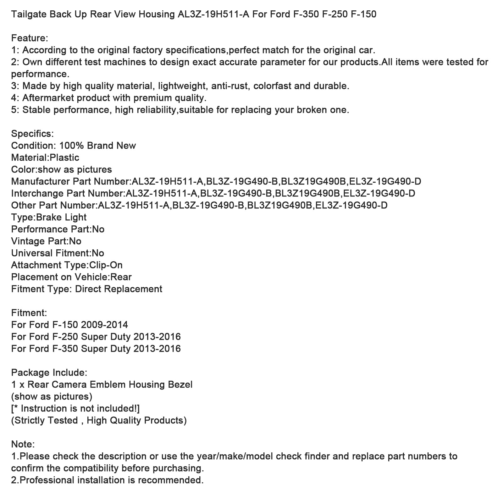 Boîtier de rétroviseur de hayon AL3Z-19H511-A pour Ford F-350, F-250 et F-150